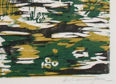 Portrait Of A Woman With Flowers 1960-70s Gold and Green Woodcut