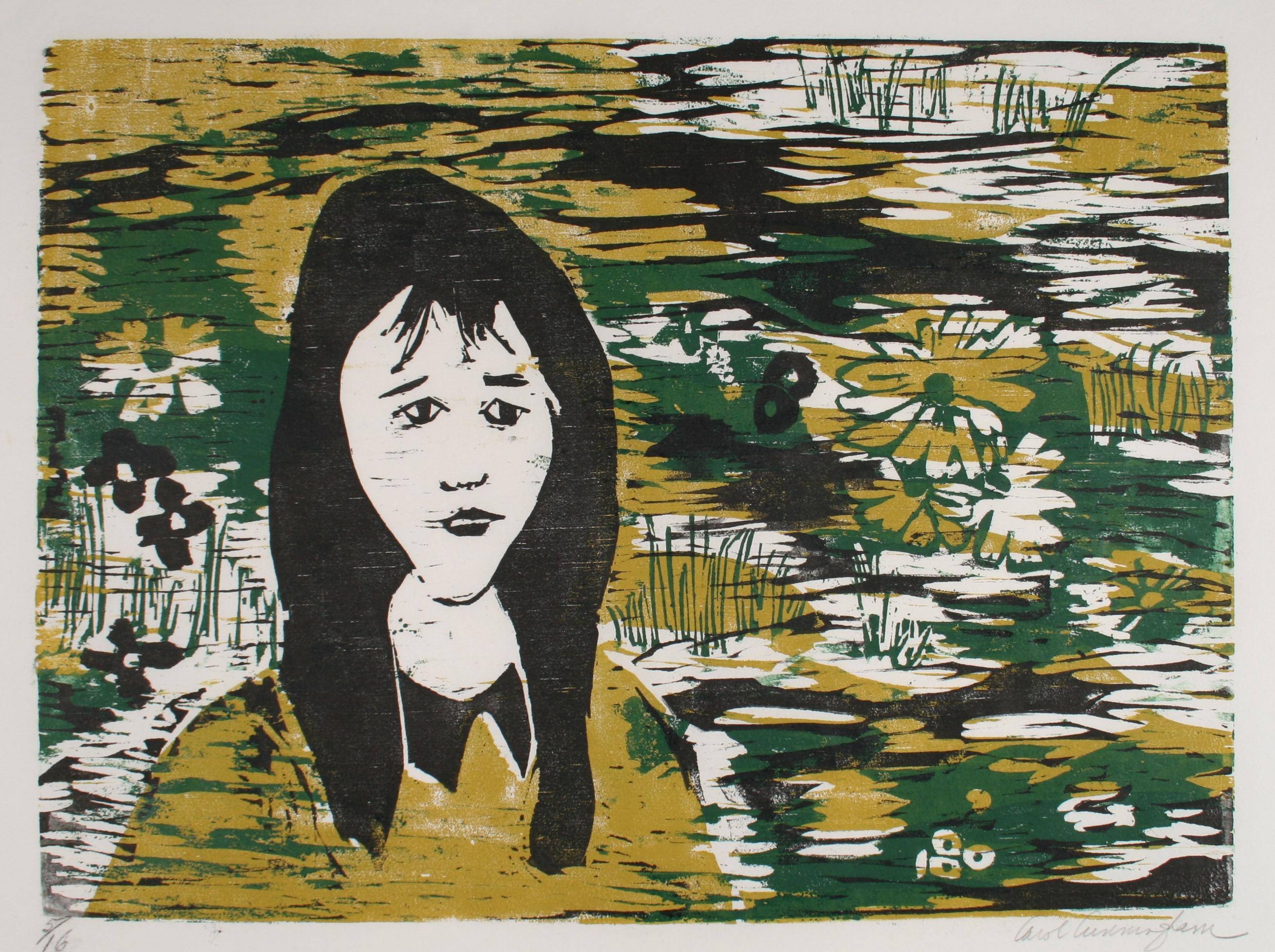 Portrait Of A Woman With Flowers 1960-70s Gold and Green Woodcut