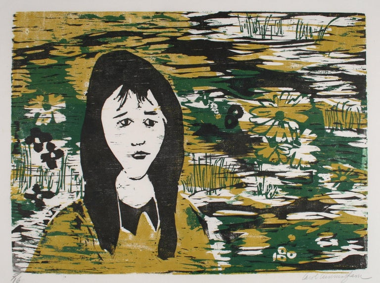 Carol Cunningham Figurative Print - Portrait Of A Woman With Flowers 1960-70s Gold and Green Woodcut