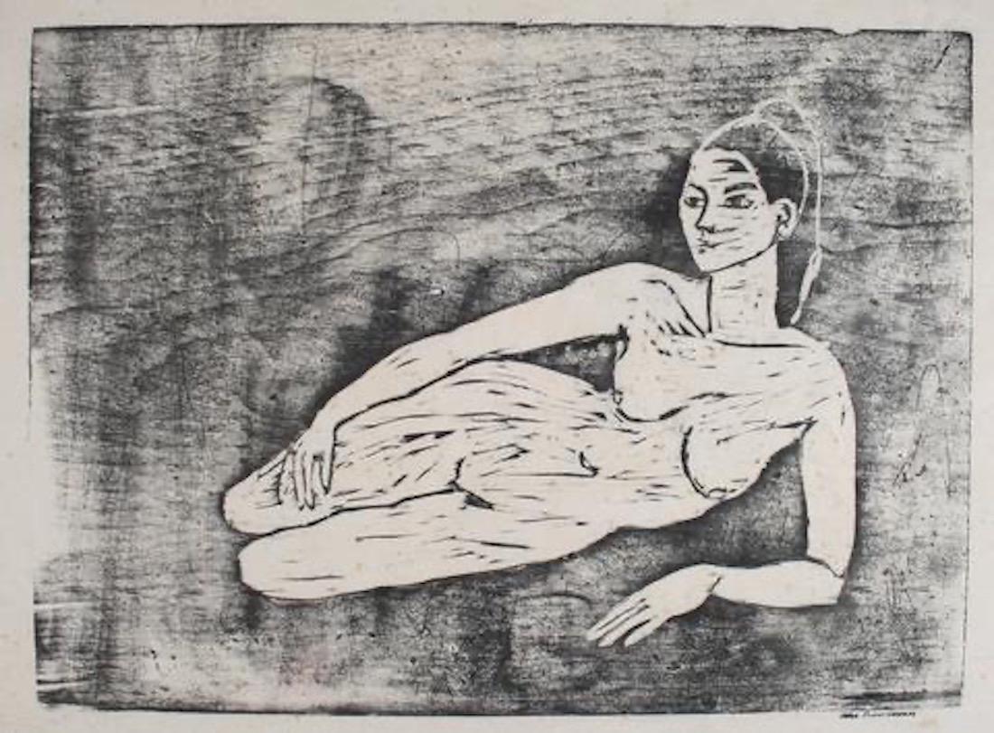 Reclining Female Nude 1960-70s Monochromatic Woodcut