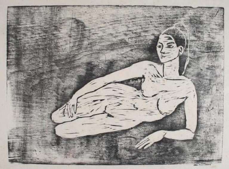 Carol Cunningham Portrait Print - Reclining Female Nude 1960-70s Monochromatic Woodcut