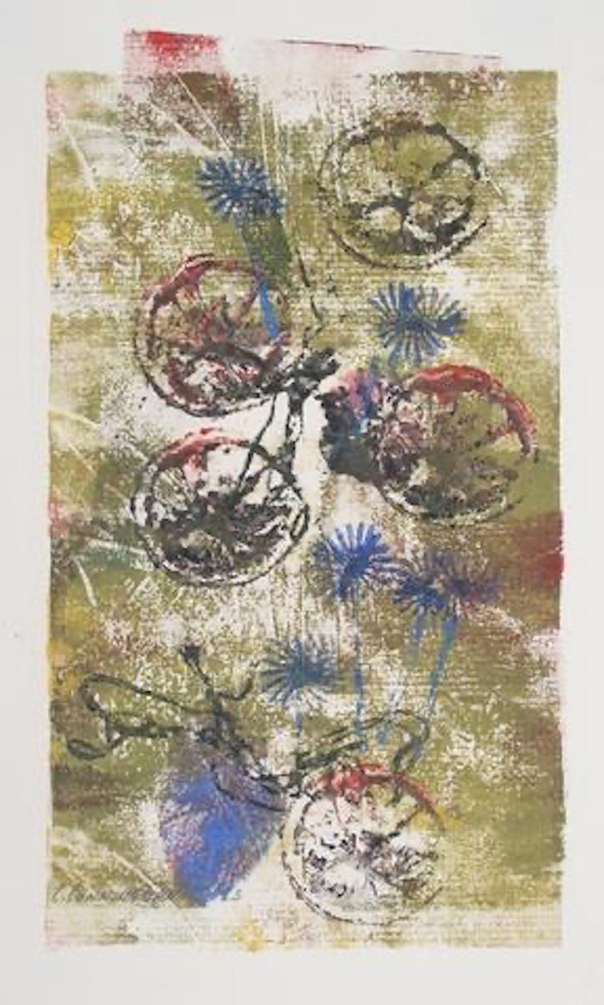 Carol Cunningham Still-Life Print - "Roundelay" 1964 Monotype of Abstracted Bicycles 