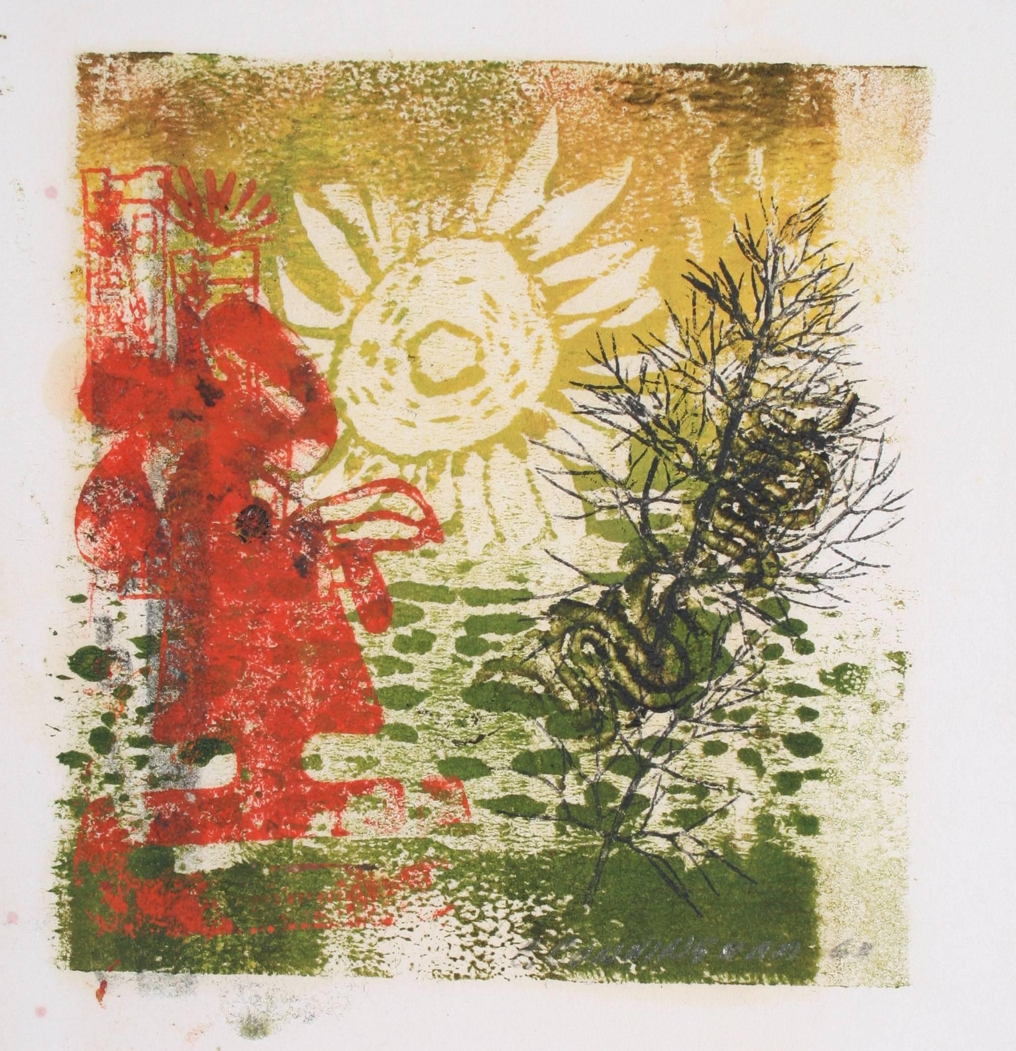 Carol Cunningham Landscape Print - "Sun Up" Botanical Abstract Monotype, 1963