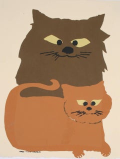 Vintage Two Cats, Serigraph Print, Circa 1970s