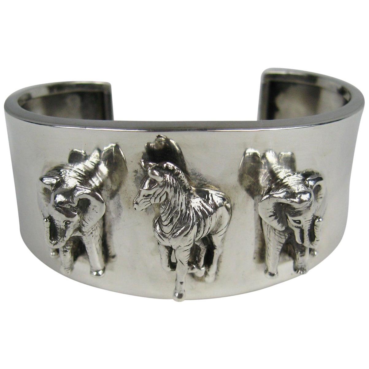Carol Felley Safari Sterling Silver Bracelet Cuff 1990s