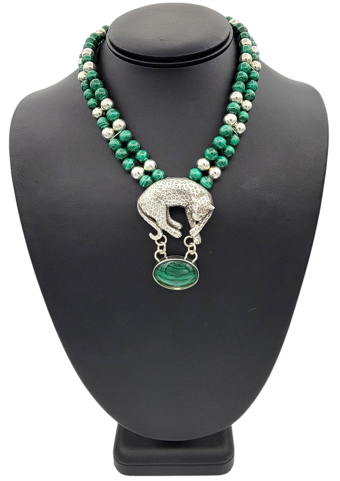 Carol Felley Sterling Silver and Malachite Beaded Necklace with Cheetah Pendant 4