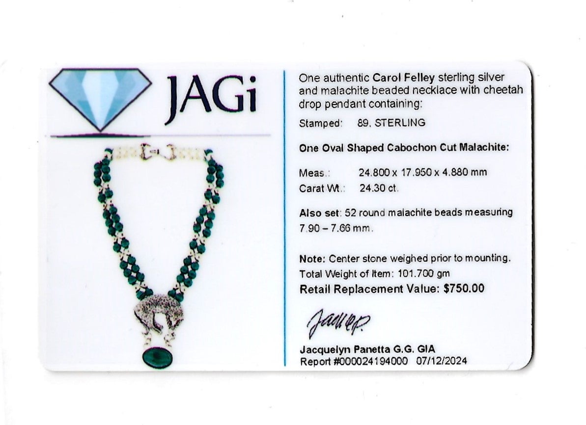 Carol Felley Sterling Silver and Malachite Beaded Necklace with Cheetah Pendant 5