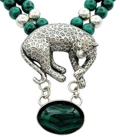 Carol Felley Sterling Silver and Malachite Beaded Necklace with Cheetah Pendant