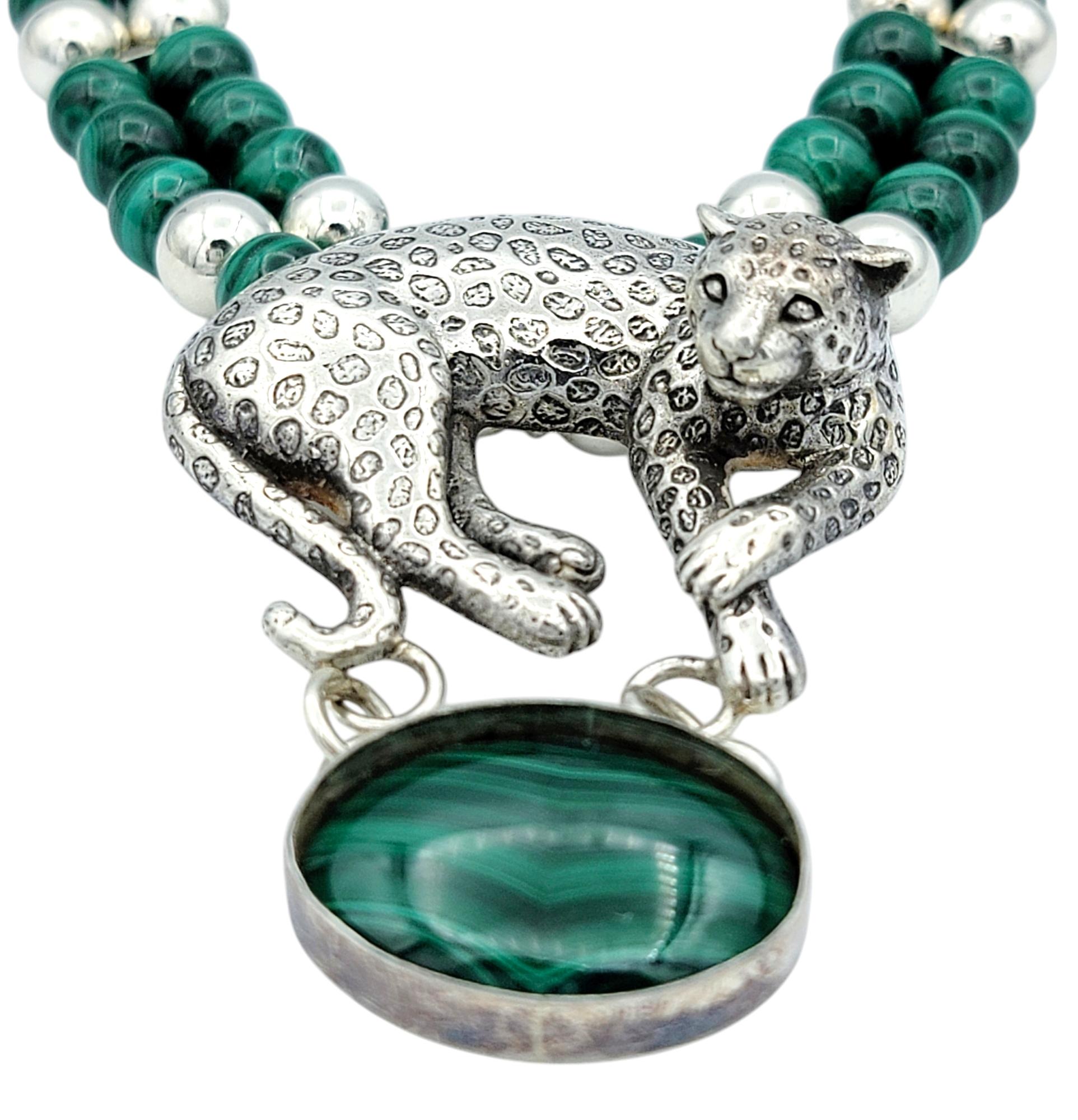 Contemporary Carol Felley Sterling Silver and Malachite Beaded Necklace with Cheetah Pendant