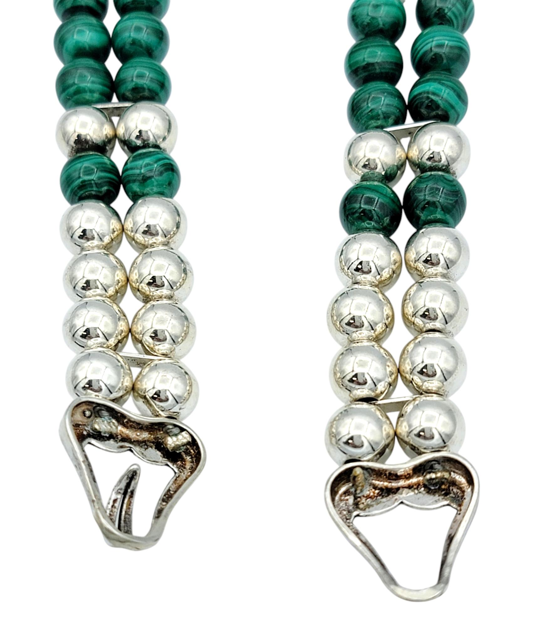 Carol Felley Sterling Silver and Malachite Beaded Necklace with Cheetah Pendant 1