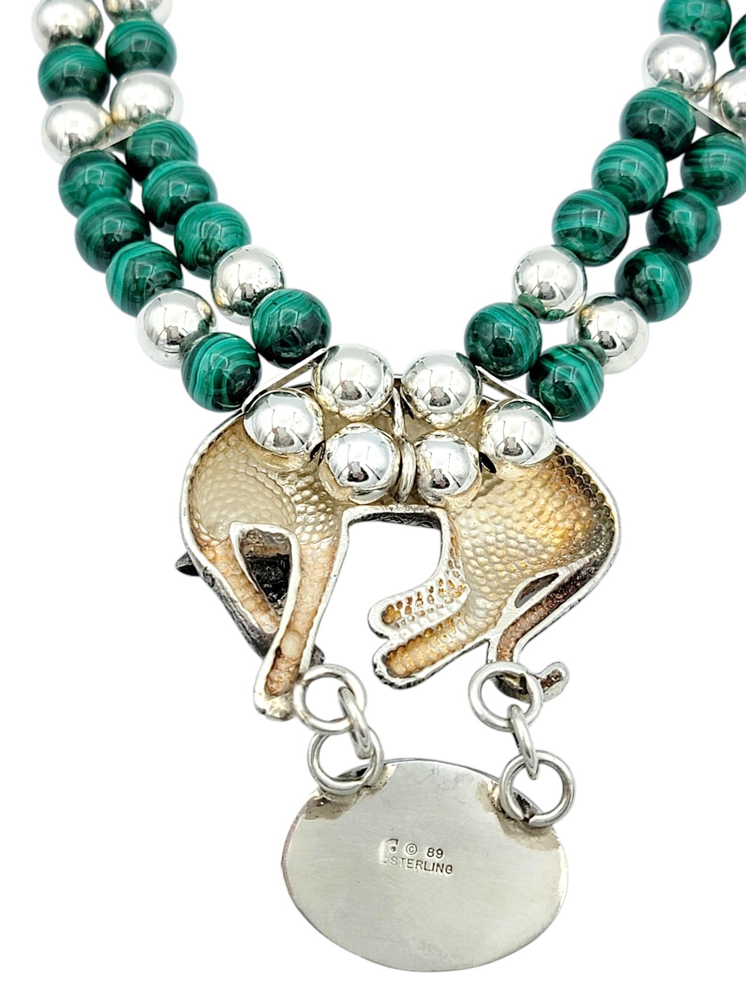 Carol Felley Sterling Silver and Malachite Beaded Necklace with Cheetah Pendant 2
