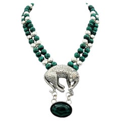 Carol Felley Sterling Silver and Malachite Beaded Necklace with Cheetah Pendant