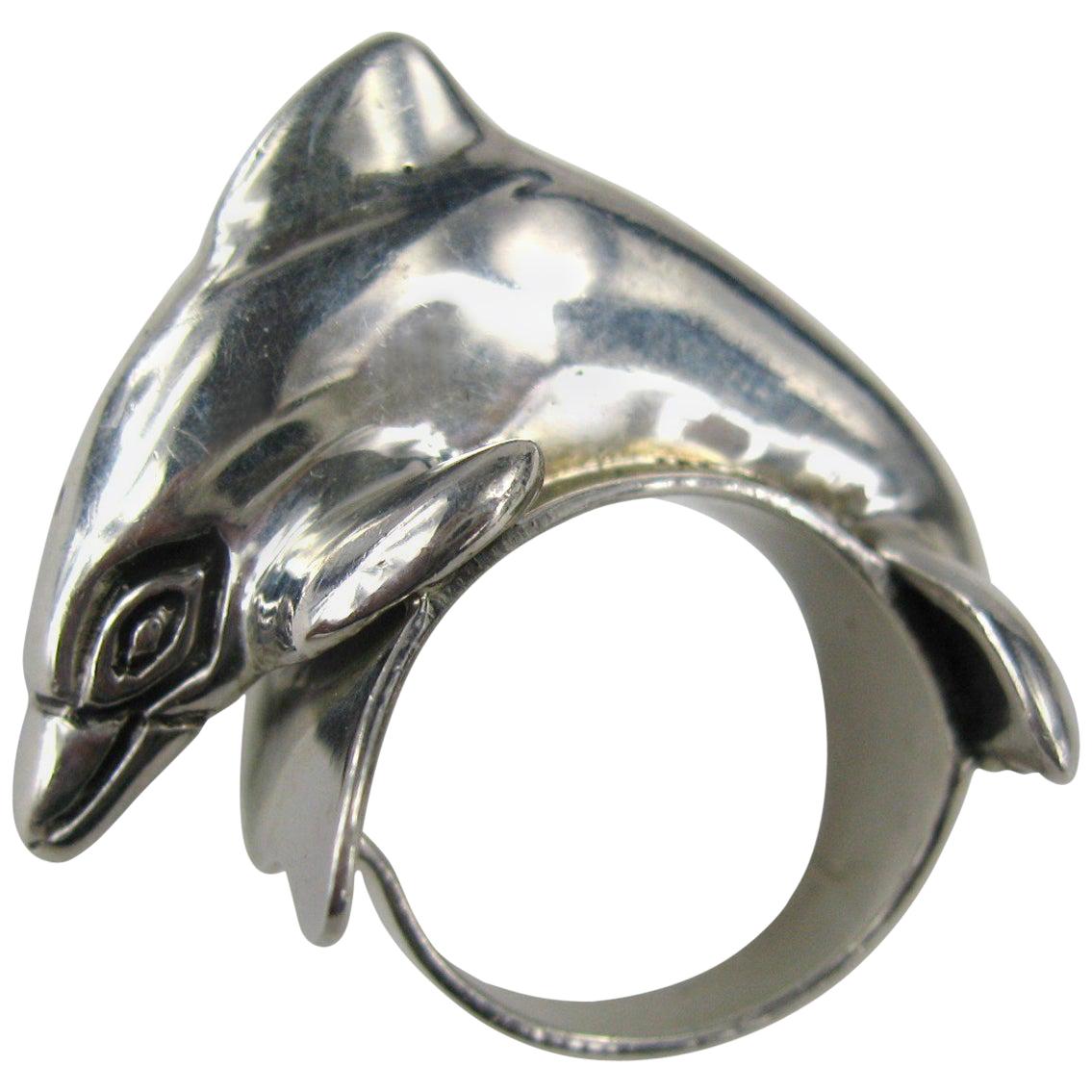 Carol Felley Sterling Silver jumping Dolphin Ring 1988 For Sale