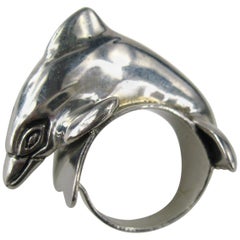 Retro Carol Felley Sterling Silver jumping Dolphin Ring 1988