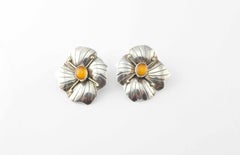 Carol Felley Sterling Silver Orchid Flower Amber Stone Earrings