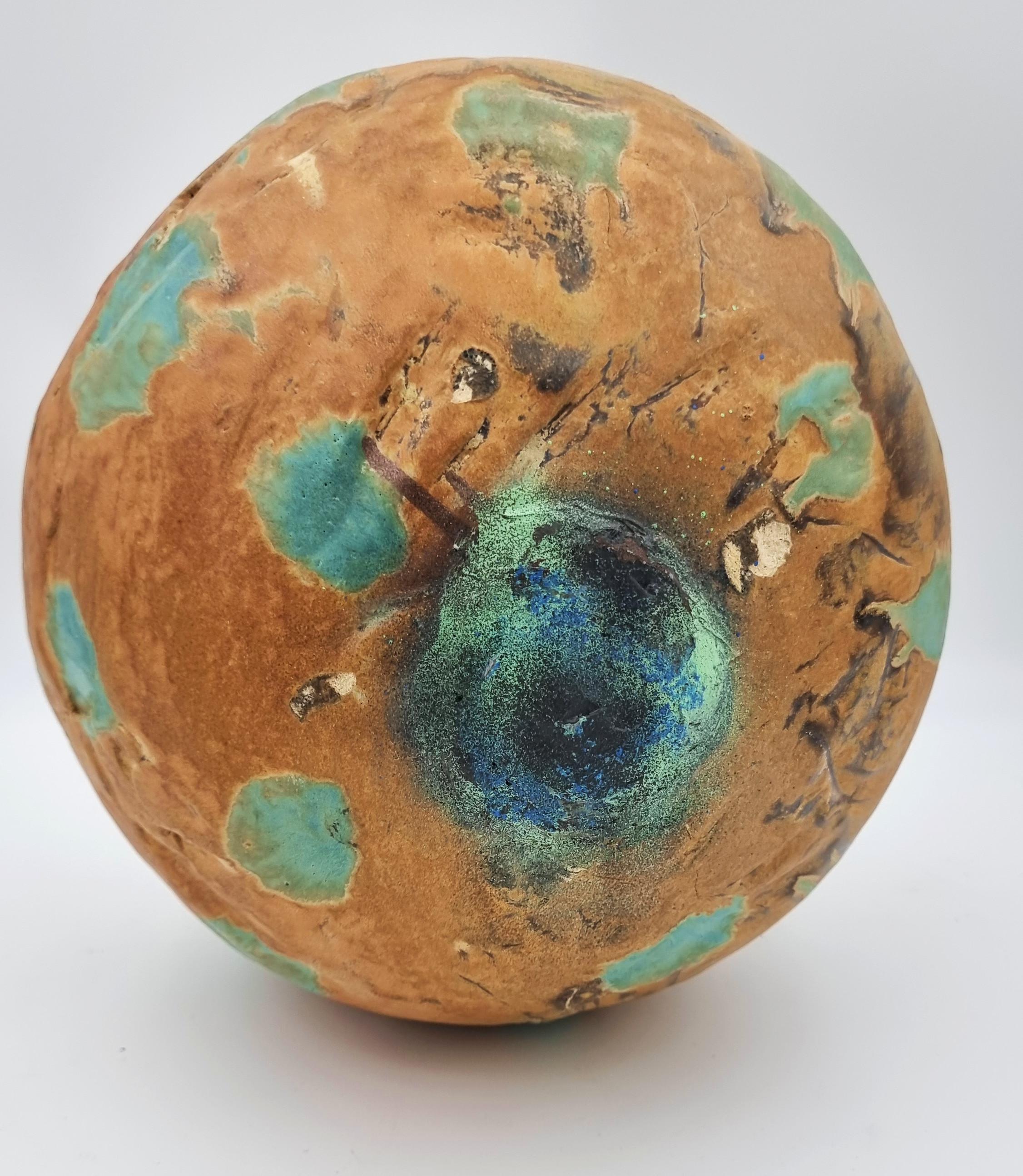 Untitled Sphere (Brown, teal) - Sculpture by Carol Fleming