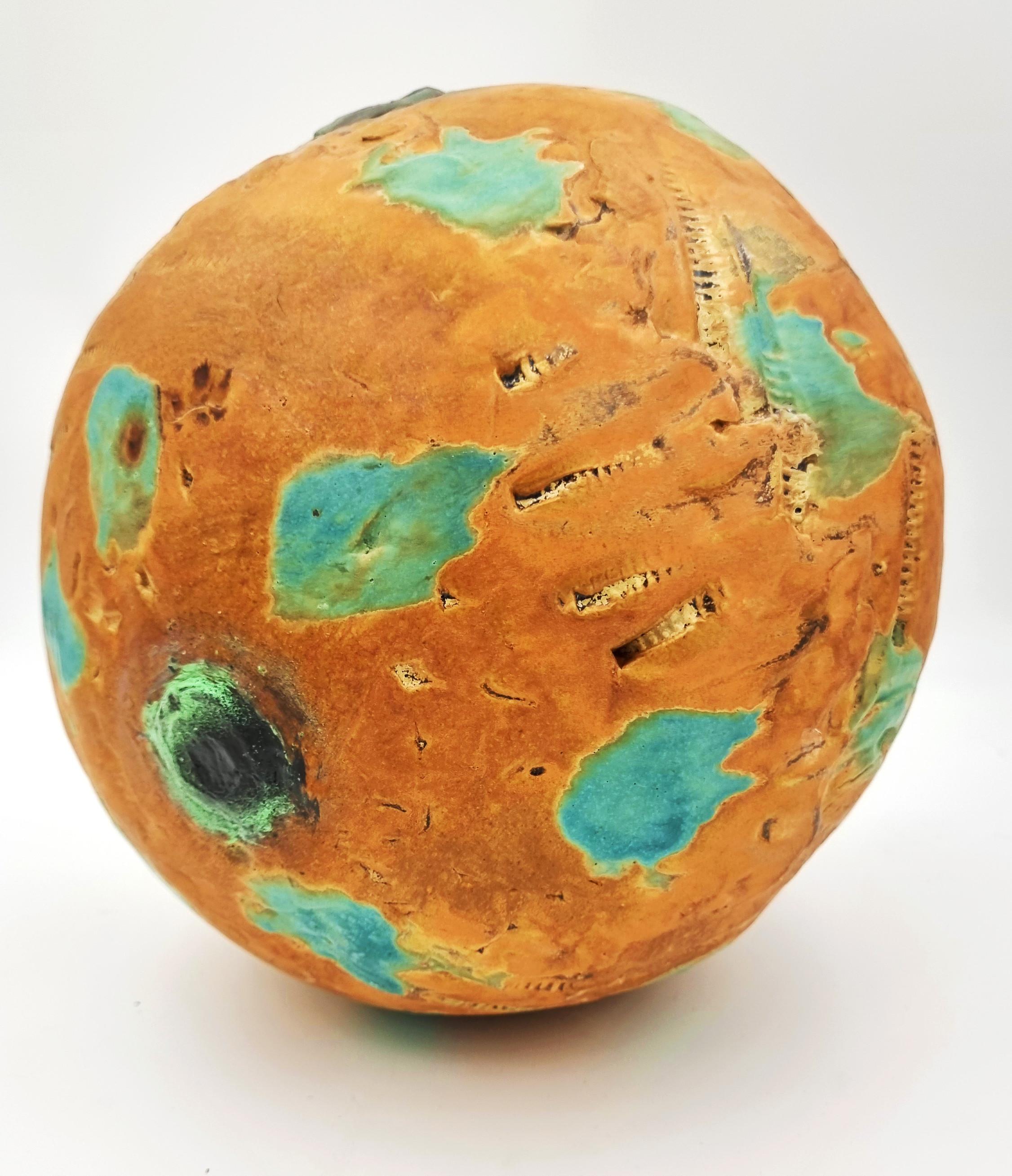 Carol Fleming Abstract Sculpture - Untitled Sphere (Brown, teal)
