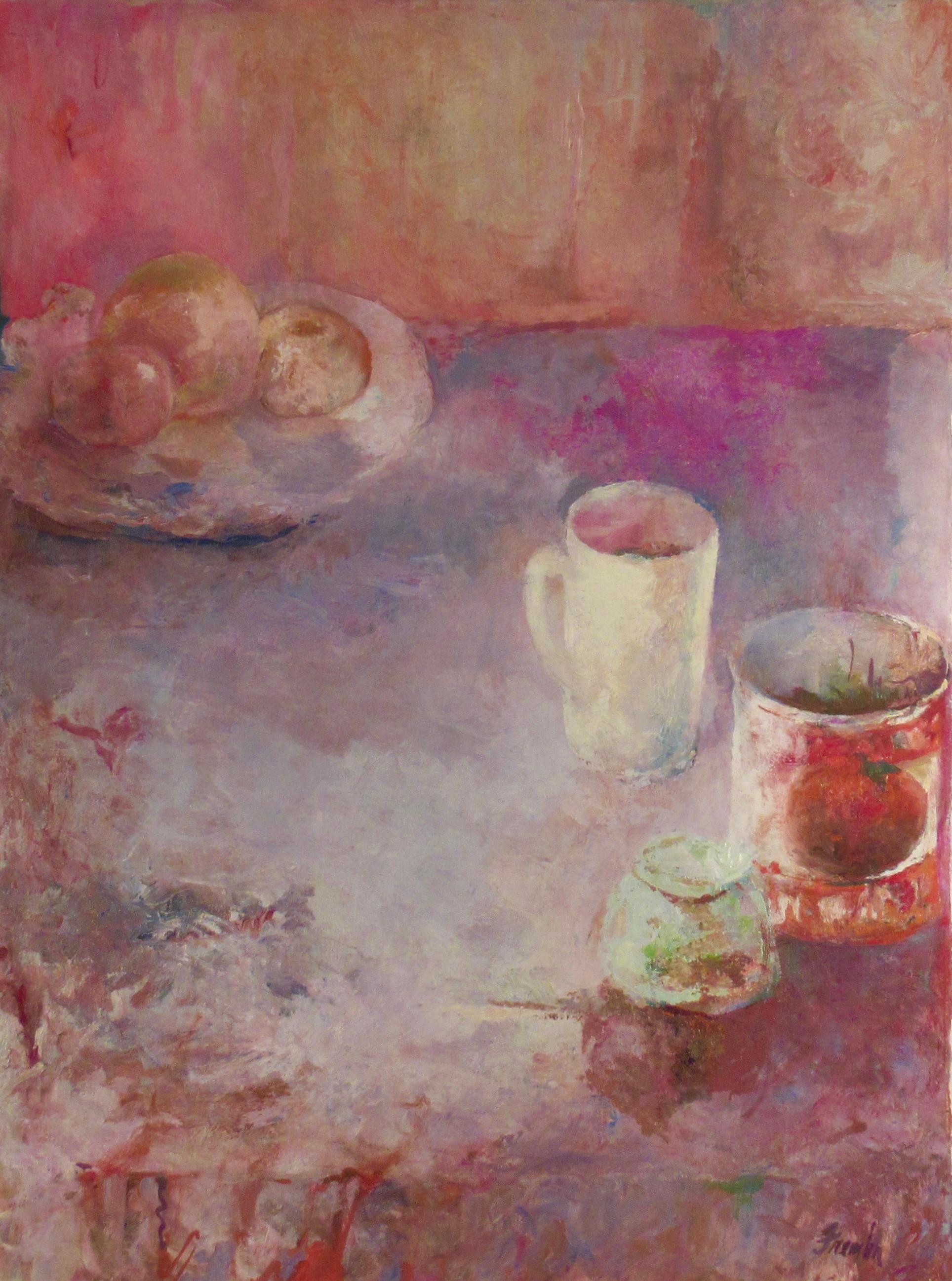 Still Life with fruits in a Plate, and Cup - Painting by Carol Fremlin