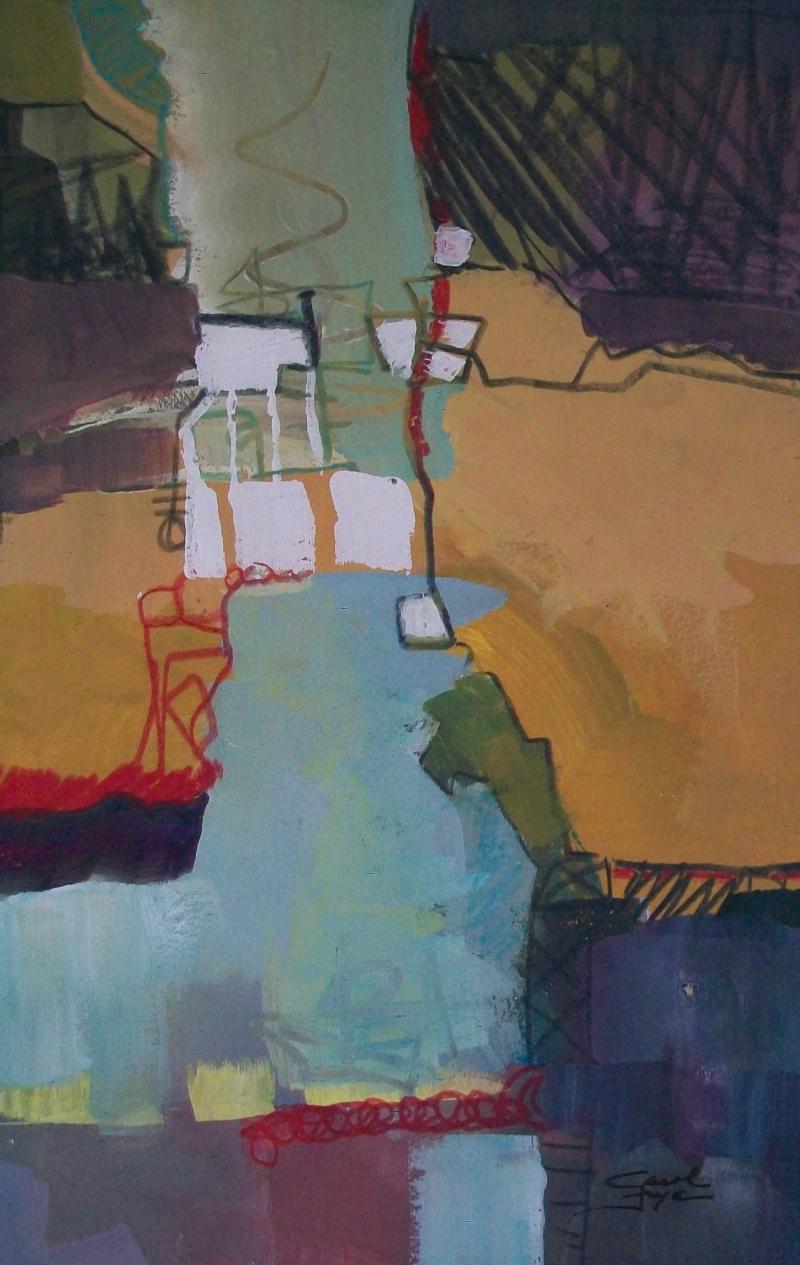 Carol Frye - contemporary American abstract mixed media painting - gouache, water color and pencil on card (media listed on the back - see photo) - painting mounted to black backboard - signed lower right - United States - circa 2010.

Excellent
