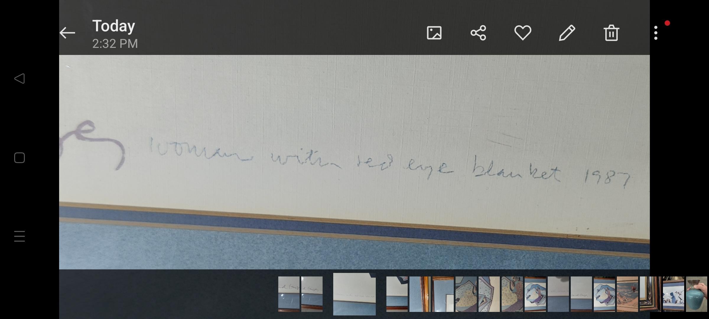 Carol Grigg Frau mit rotem Augedecke 1987 Aquarell
Weltbekannter Künstler der amerikanischen Ureinwohner und Cherokee
Geboren 1942
Der Rahmen ist beschädigt.  Can aus dem Rahmen genommen werden und versendet in Rohr, die Versand billiger machen