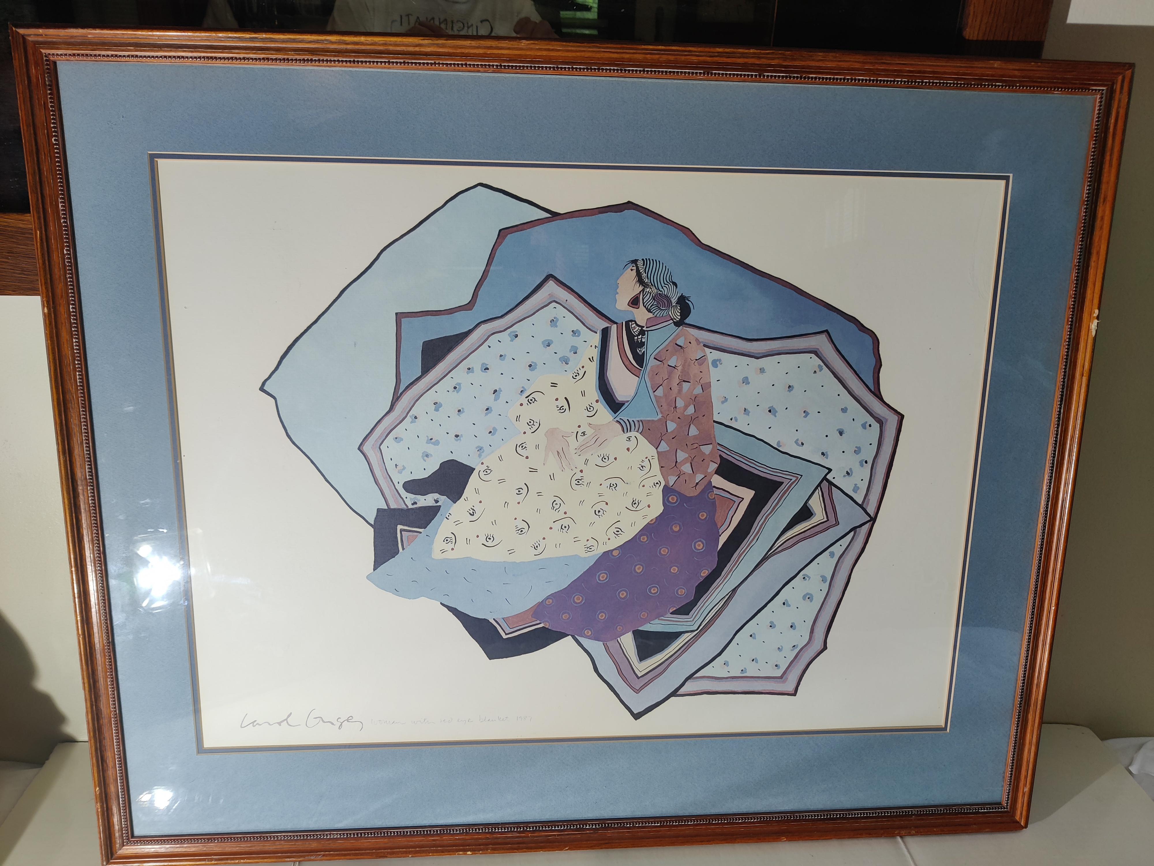 Carol Grigg Frau mit rotem Augedecke 1987 Aquarell (amerikanisch)