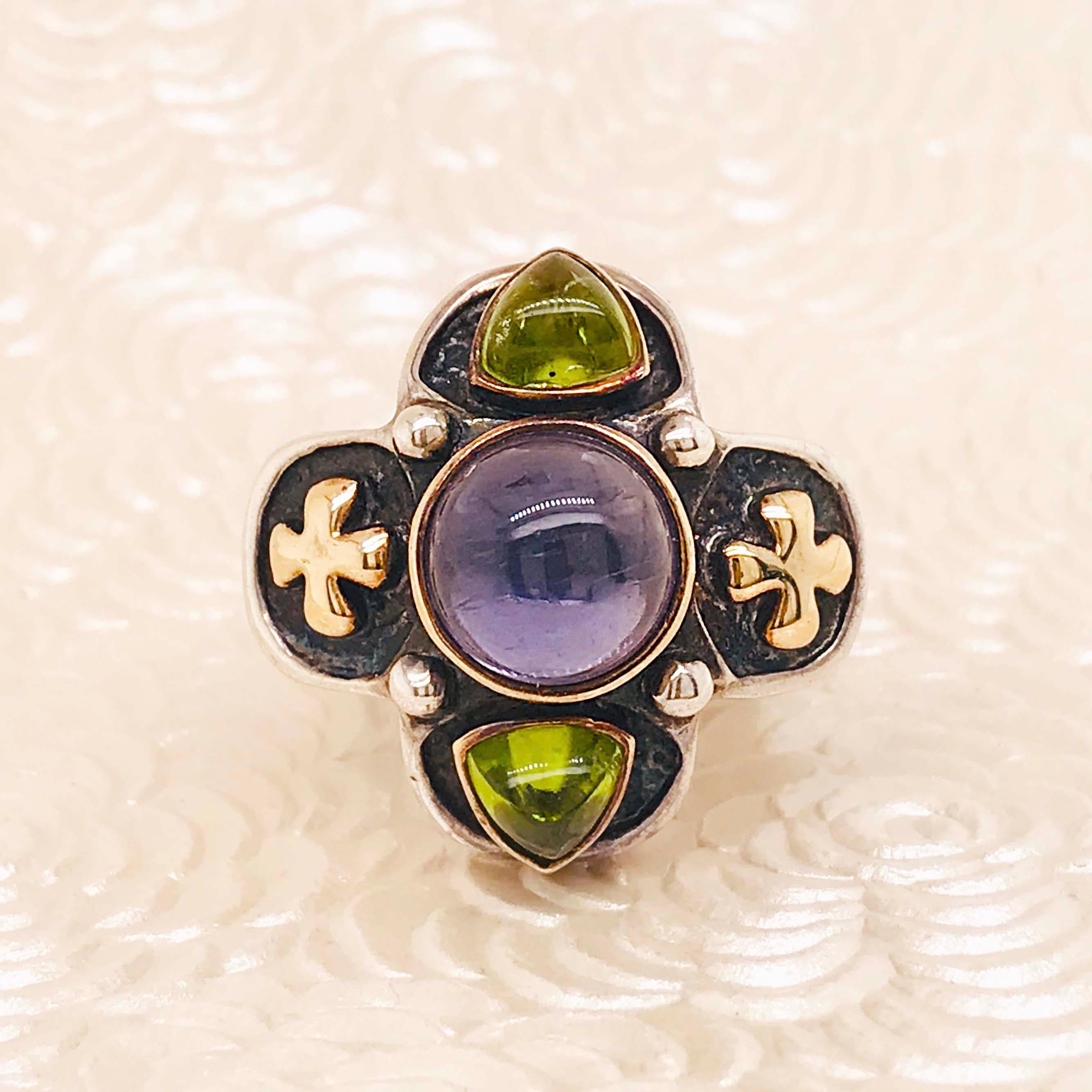 Carol Henry Designs 2.00 Carat Iolite and 1.50 Carat Peridot Ring 14K & Sterling For Sale 1