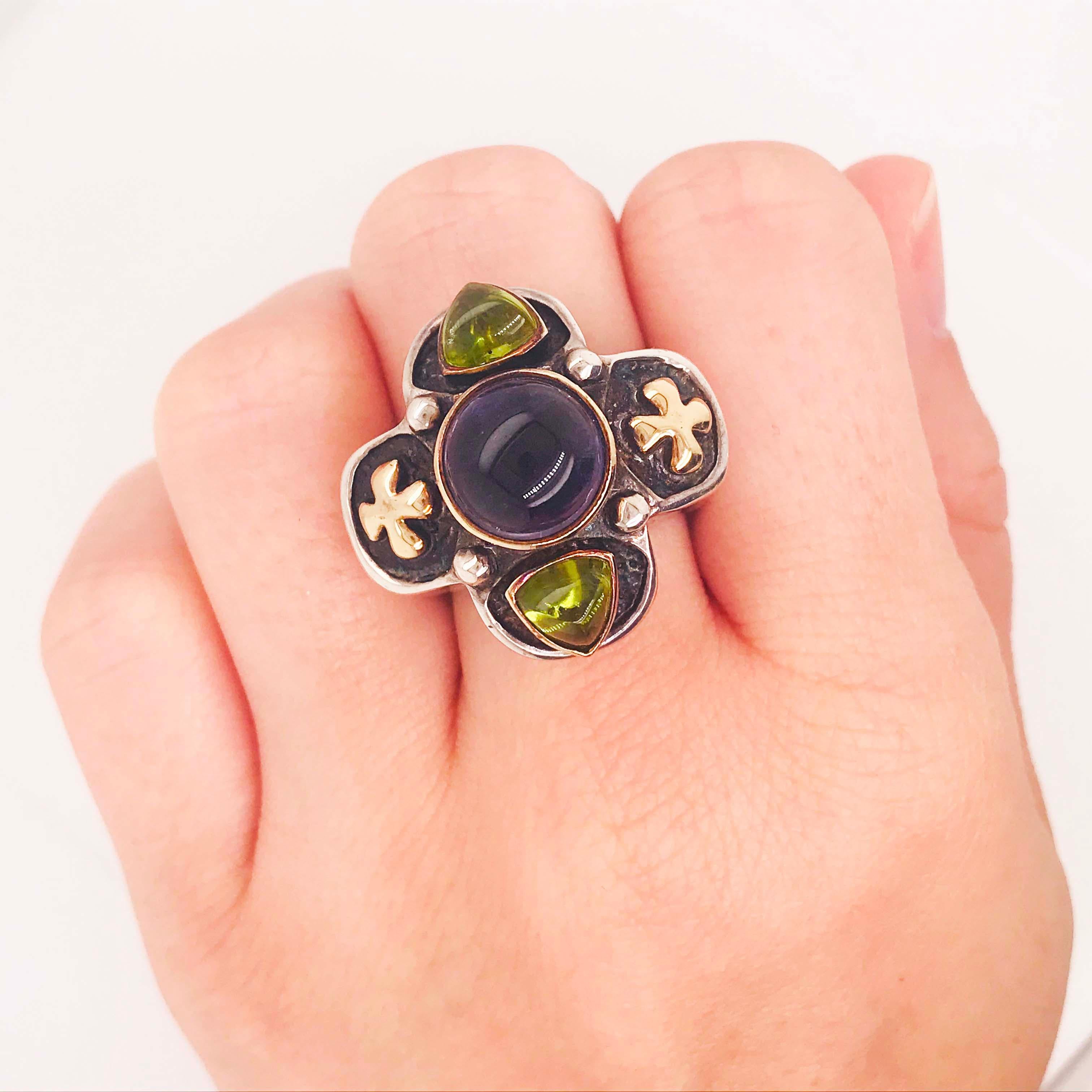 Carol Henry Designs 2,00 Karat Iolith und 1,50 Karat Peridot Ring 14K & Sterling (Cabochon) im Angebot