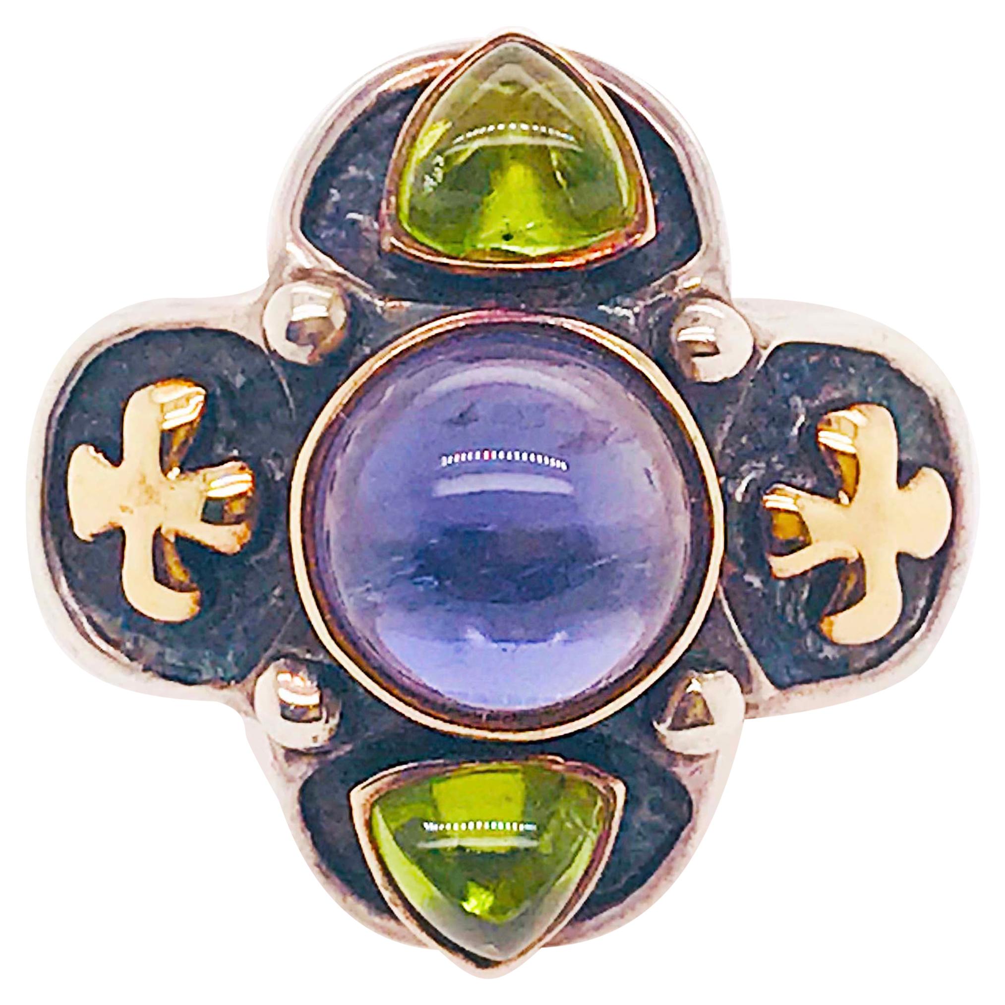 Carol Henry Designs 2.00 Carat Iolite and 1.50 Carat Peridot Ring 14K & Sterling For Sale