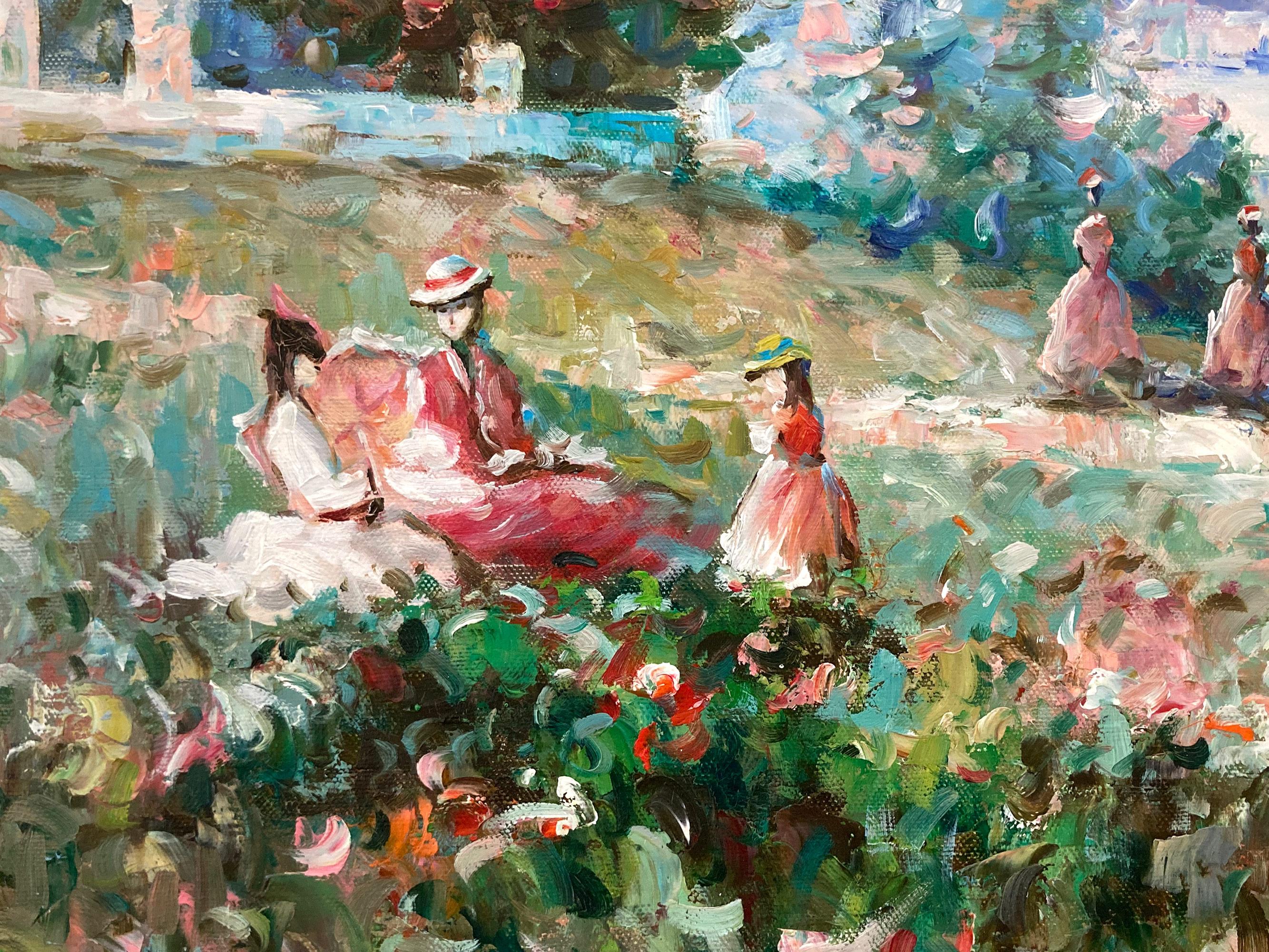 A stunning oil painting depicting figures by the Lakeside in the 20th Century. Carol Hopkins was known for her charming intimate figurative scenes portraying life in the North East. She was active, picking up her subjects from the beaches, parks,
