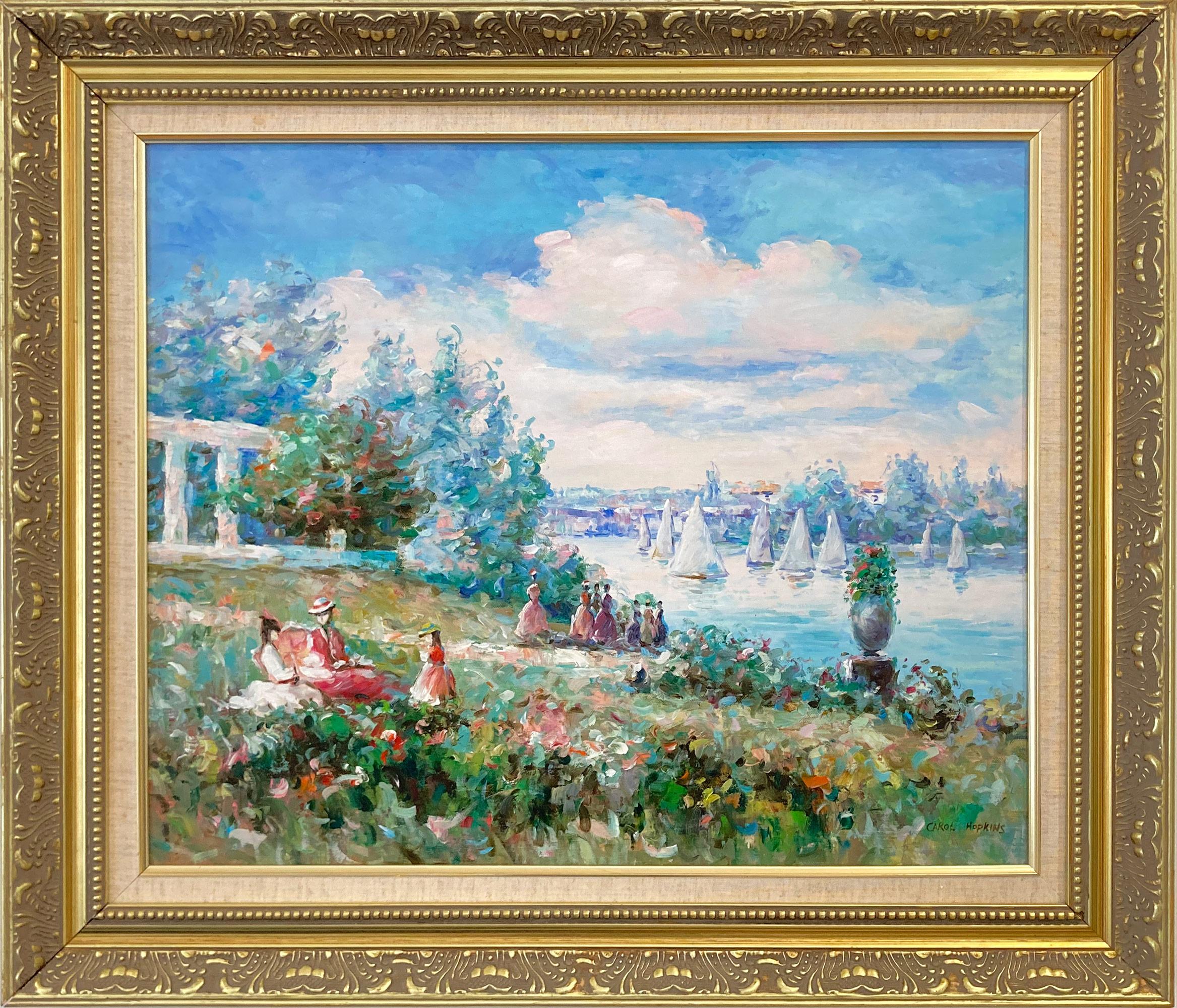 Carol Hopkins Landscape Painting – "Lakeside Picnic Scene with Figures" Impressionist Oil Painting on Canvas Framed