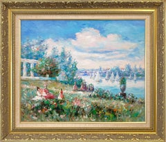 "Lakeside Picnic Scene with Figures" Impressionist Oil Painting on Canvas Framed
