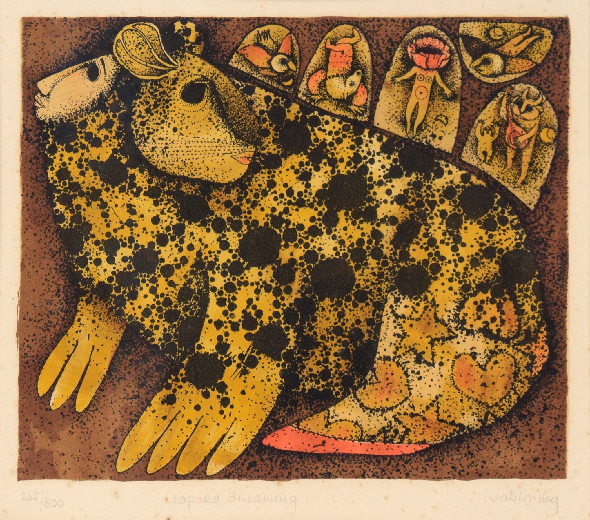 „Leopard Dreaming“ – Fantasie-Lithographie in Tinte auf Papier – Print von Carol Jablonsky