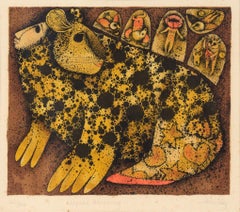 "Leopard Dreaming" - Fantasy Lithograph in Ink on Paper