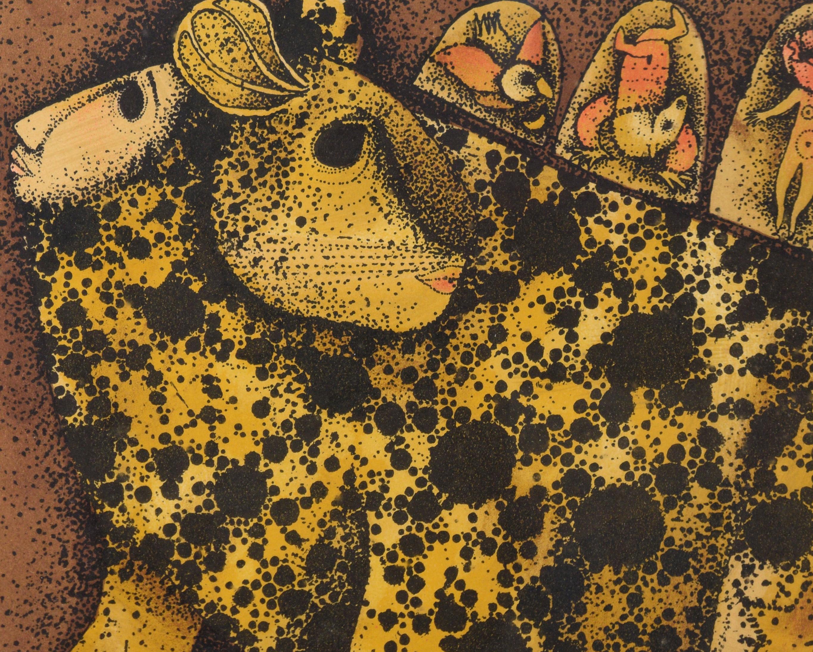 „Leopard Dreaming“ – Fantasie-Lithographie in Tinte auf Papier (Moderne), Print, von Carol Jablonsky