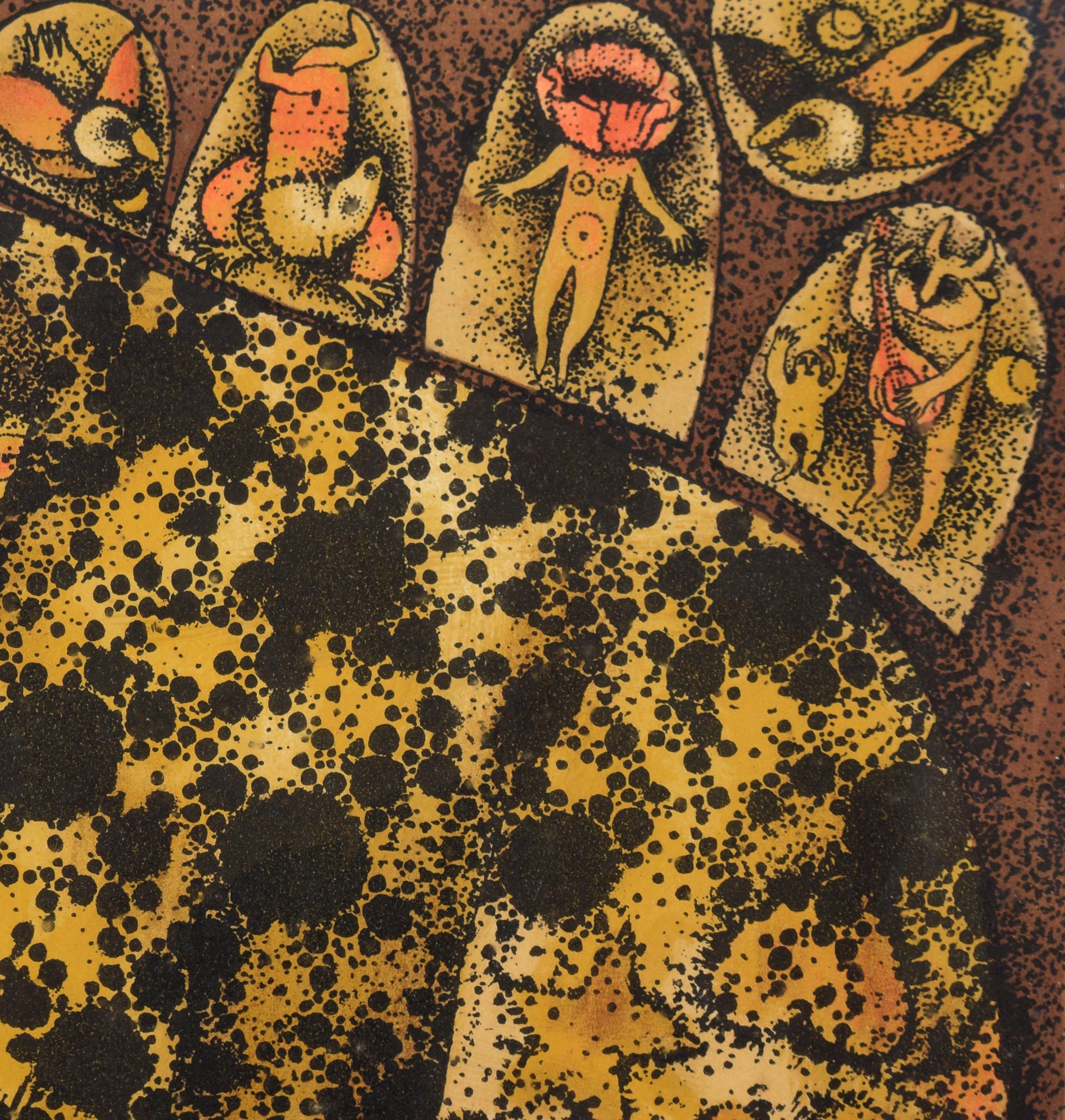 « Leopard Dreaming » - Lithographie fantastique à l'encre sur papier

Lithographie en gras d'un léopard par Carol Jablonsky (américaine, 1932-1992). Un léopard est représenté de manière fantastique et surréaliste, avec des symboles dans les zones