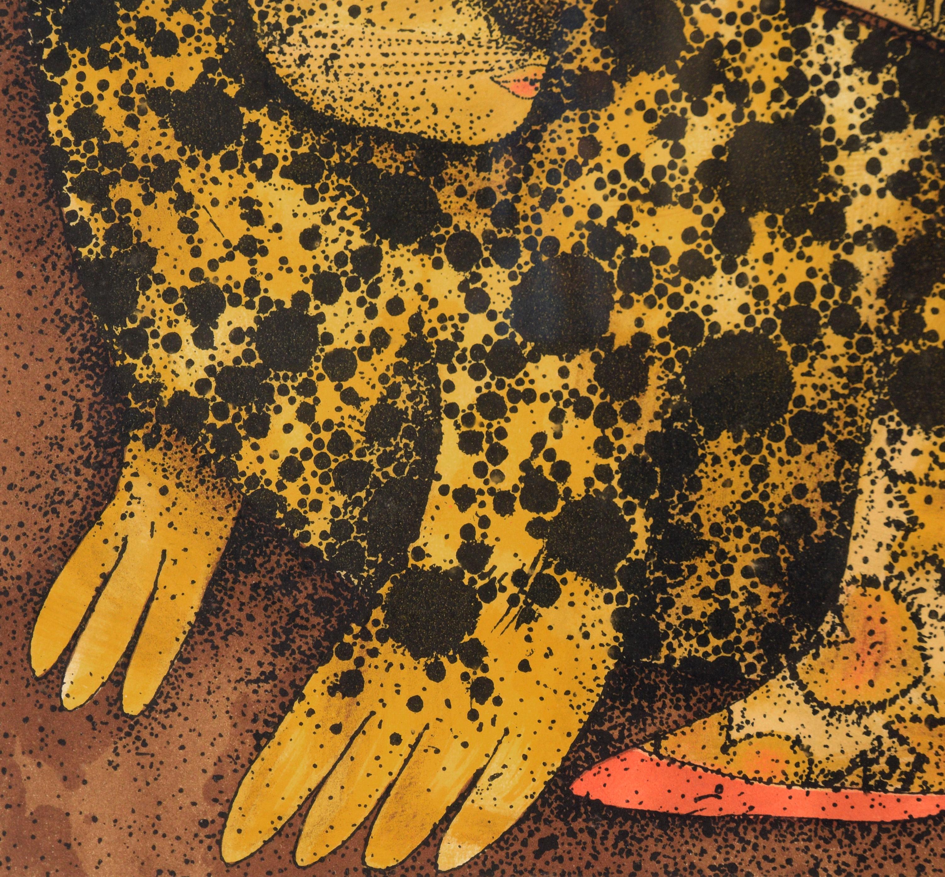 « Leopard Dreaming » - Lithographie fantastique à l'encre sur papier en vente 1