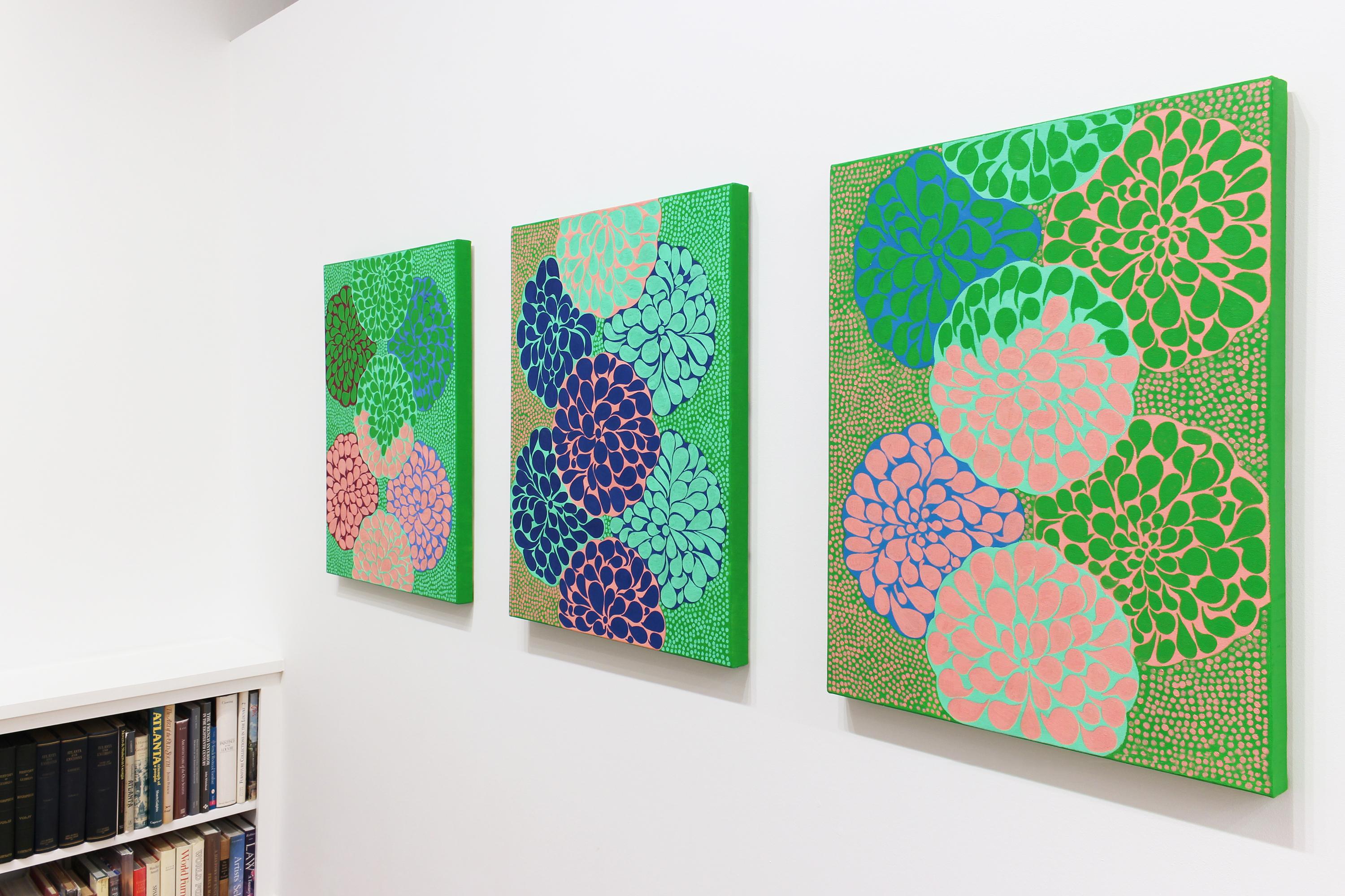 This oil painting featuring hues of pink, green, and blue.

Athens-based artist Carol John’s recent series “Big Bang” features paintings with erratic patterning & brilliant colors layered in order to surprise a viewer’s sensibility.  Carol’s