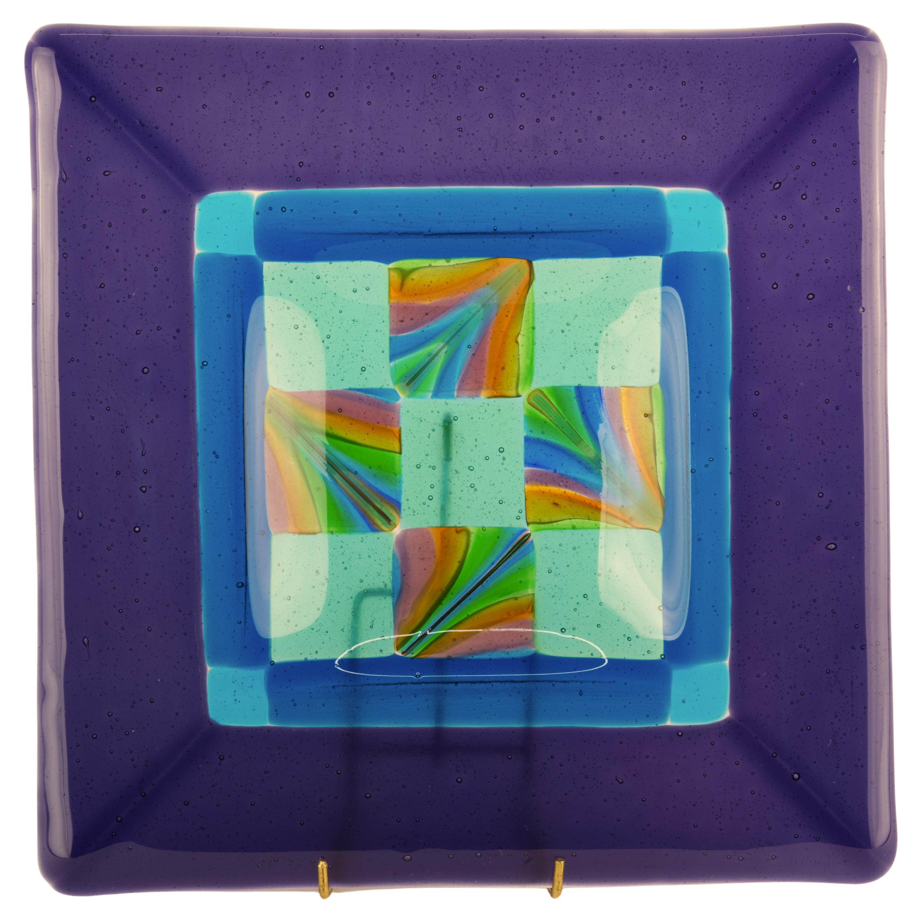 Carol Lahy Fused Art Glass Decorative Square Vide-Poche or Ashtray, Signed For Sale