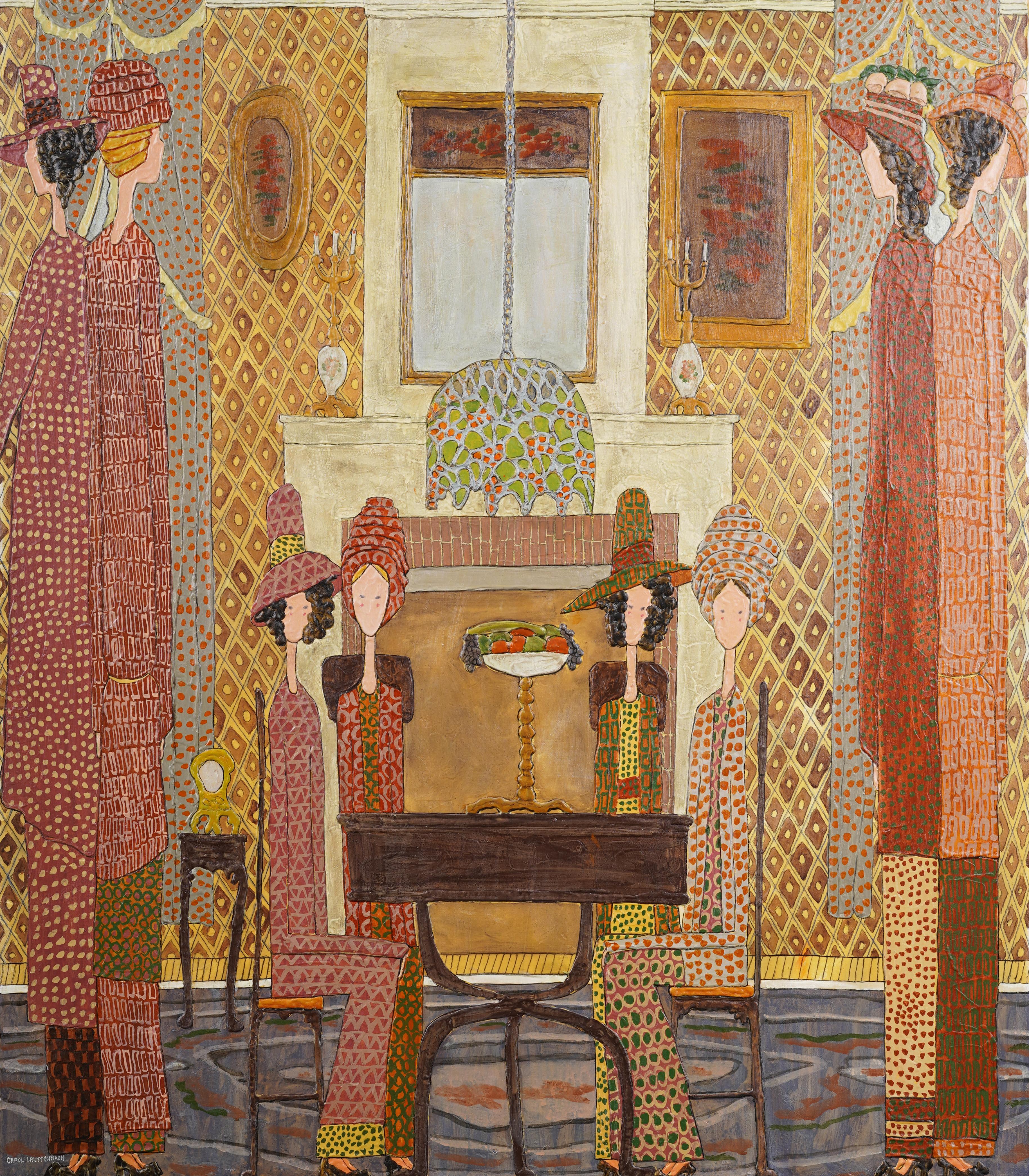 Vintage American modernist interior scene with figures by Carol Lauttenbauch.  Oil on canvas.  Large scale work.  Amazing detail and an intricate composition.  Very impressive in person.  