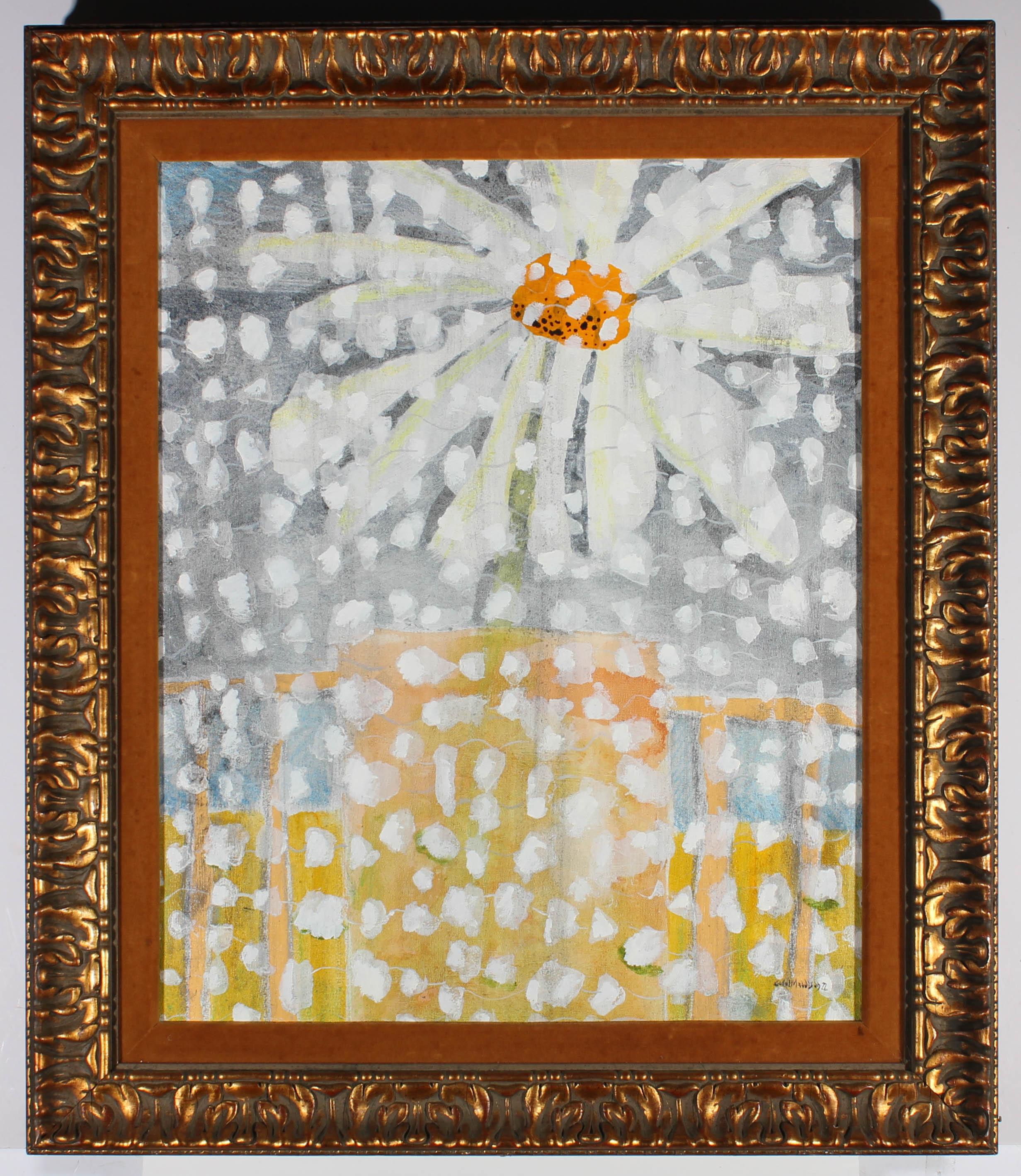 A joyful contemporary acrylic on canvas, showing a large daisy obscured by white spots. The artist has signed and dated to the lower right corner and the painting has been presented in a substantial contemporary gilt frame with oversize acanthus
