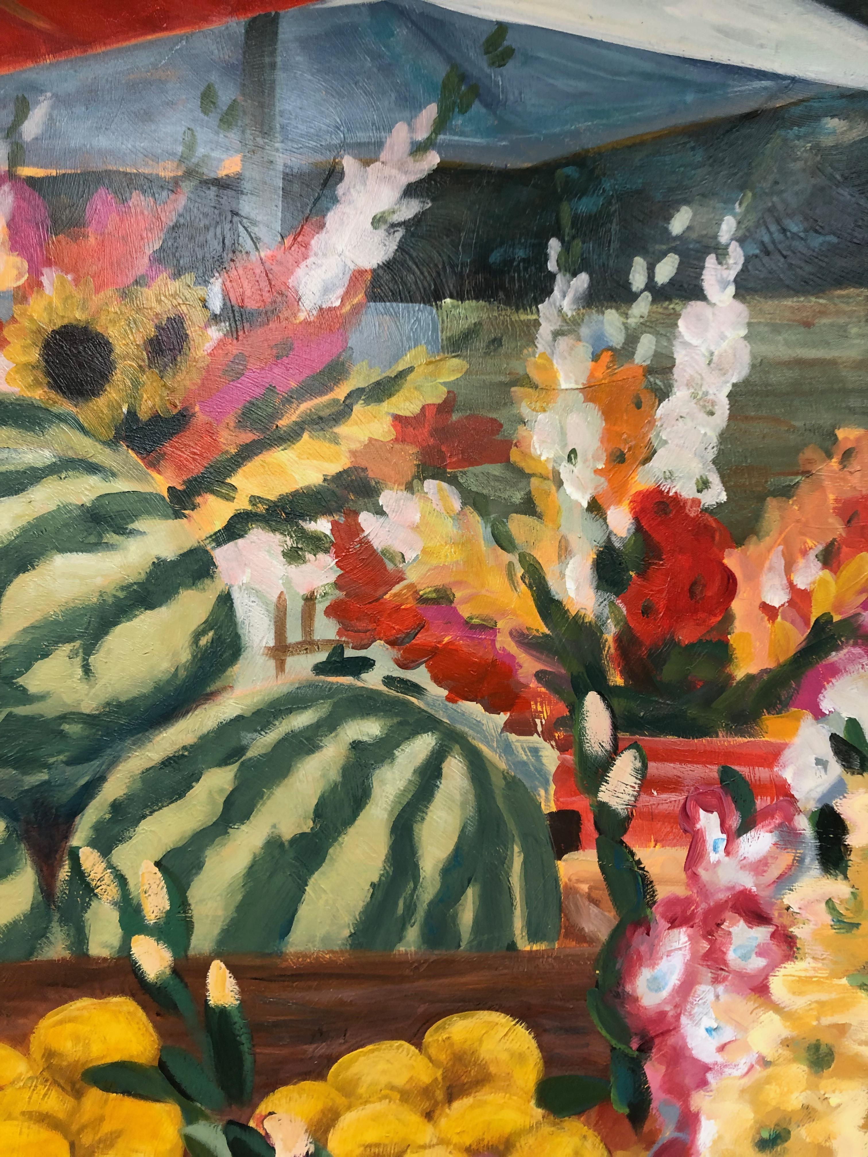 Obstmarkt Großes Stilleben Gemälde
Künstler signiert unten rechts.
Carol Korpi McKinley ist eine international anerkannte amerikanische Künstlerin, die vor allem für ihre großformatigen Darstellungen von Obst, Gemüse und Tieren sowie für ihre