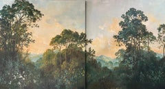 Dipinto a dittico con paesaggio contemporaneo e pini di Carol Moreno