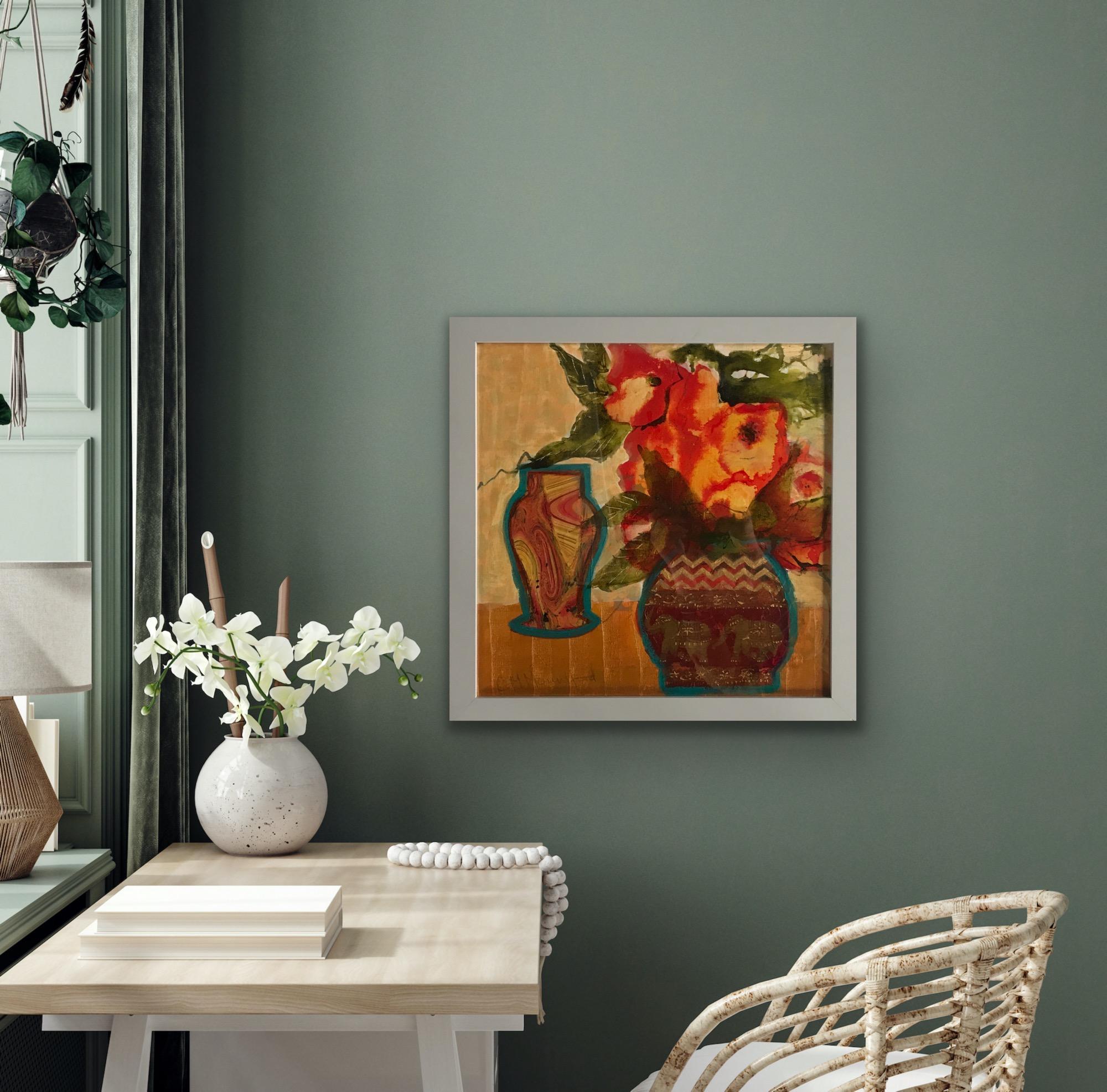 Vaso Elefante, Quadro originale, Impressionismo moderno, Arte floreale, Arancione, Vaso 10