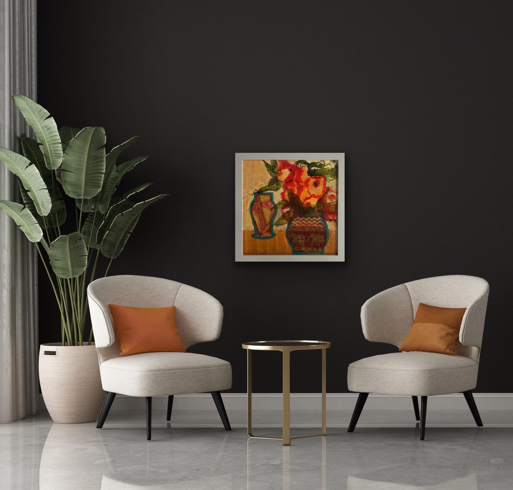 Vaso Elefante, Quadro originale, Impressionismo moderno, Arte floreale, Arancione, Vaso 12