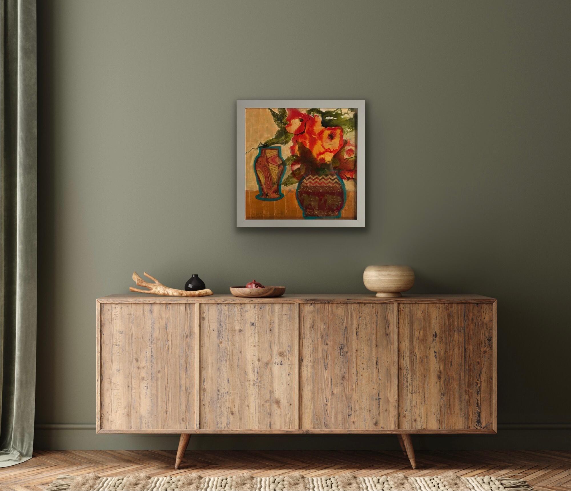 Vaso Elefante, Quadro originale, Impressionismo moderno, Arte floreale, Arancione, Vaso 14