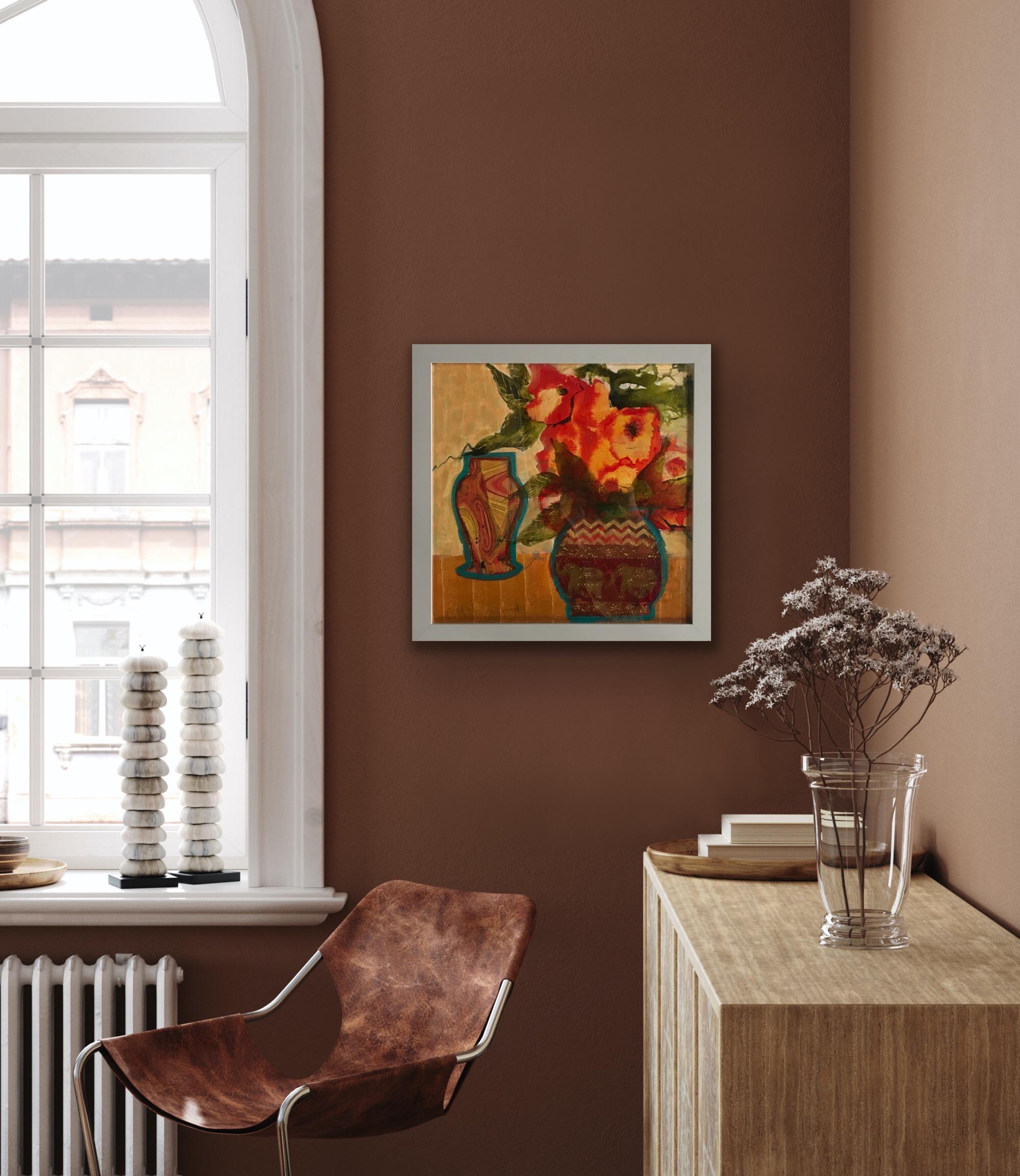 Vaso Elefante, Quadro originale, Impressionismo moderno, Arte floreale, Arancione, Vaso - Painting di Carol Mountford