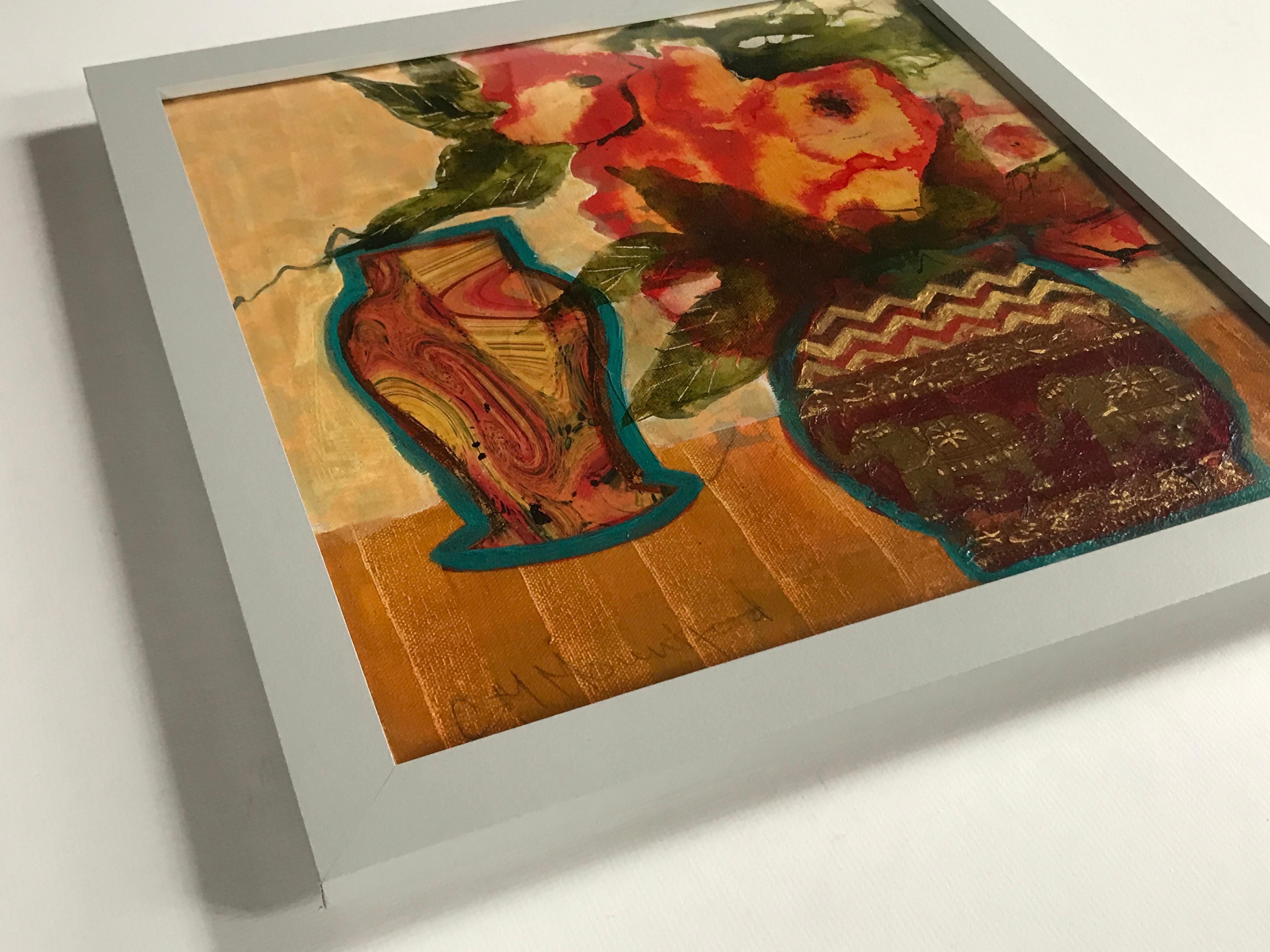 Vaso Elefante, Quadro originale, Impressionismo moderno, Arte floreale, Arancione, Vaso - Painting Contemporaneo di Carol Mountford