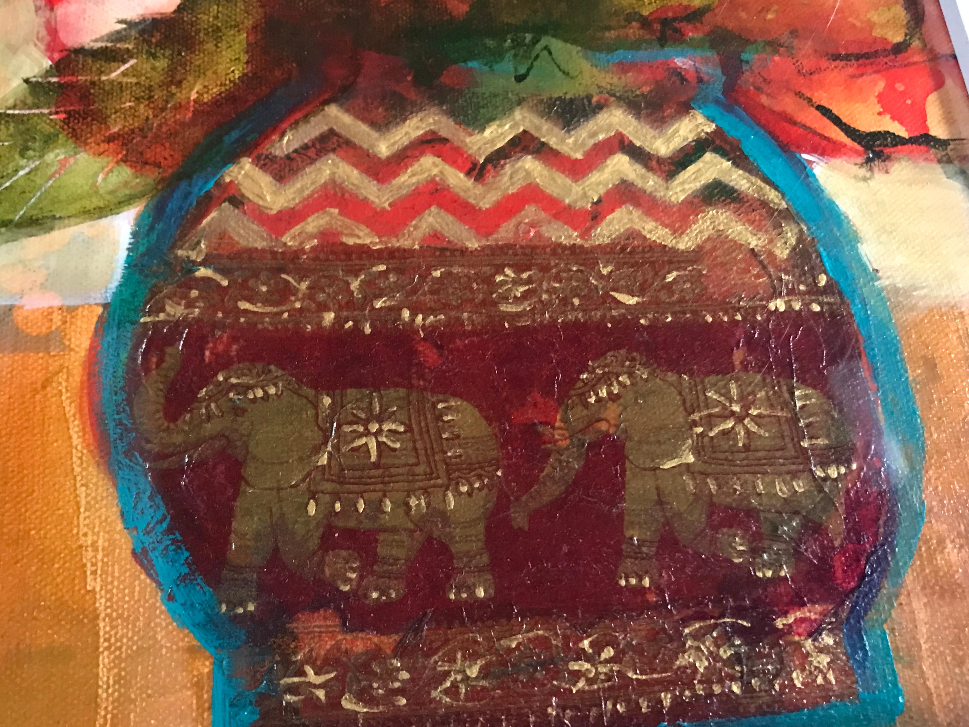 Vaso Elefante, Quadro originale, Impressionismo moderno, Arte floreale, Arancione, Vaso 2
