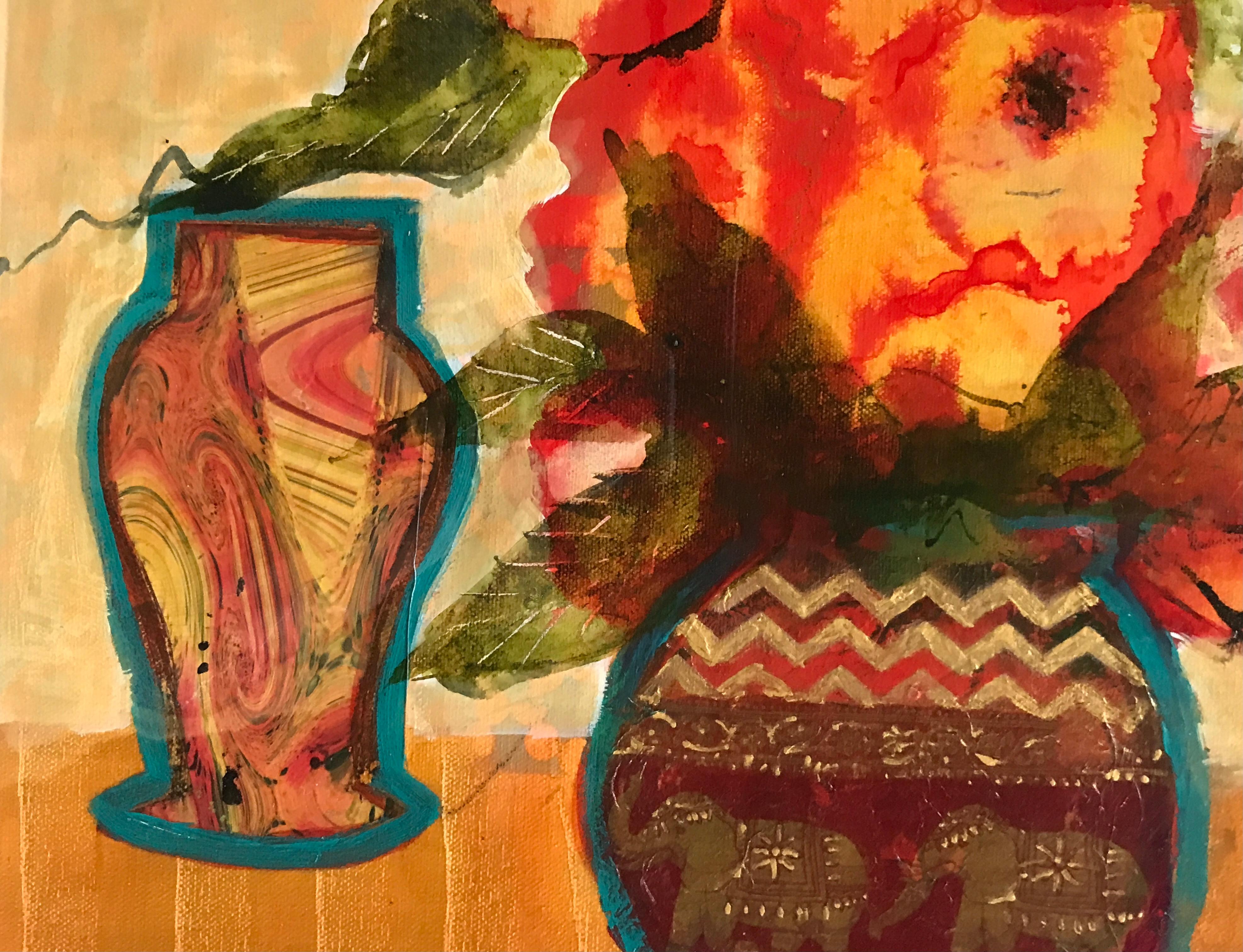 Vaso Elefante, Quadro originale, Impressionismo moderno, Arte floreale, Arancione, Vaso 3