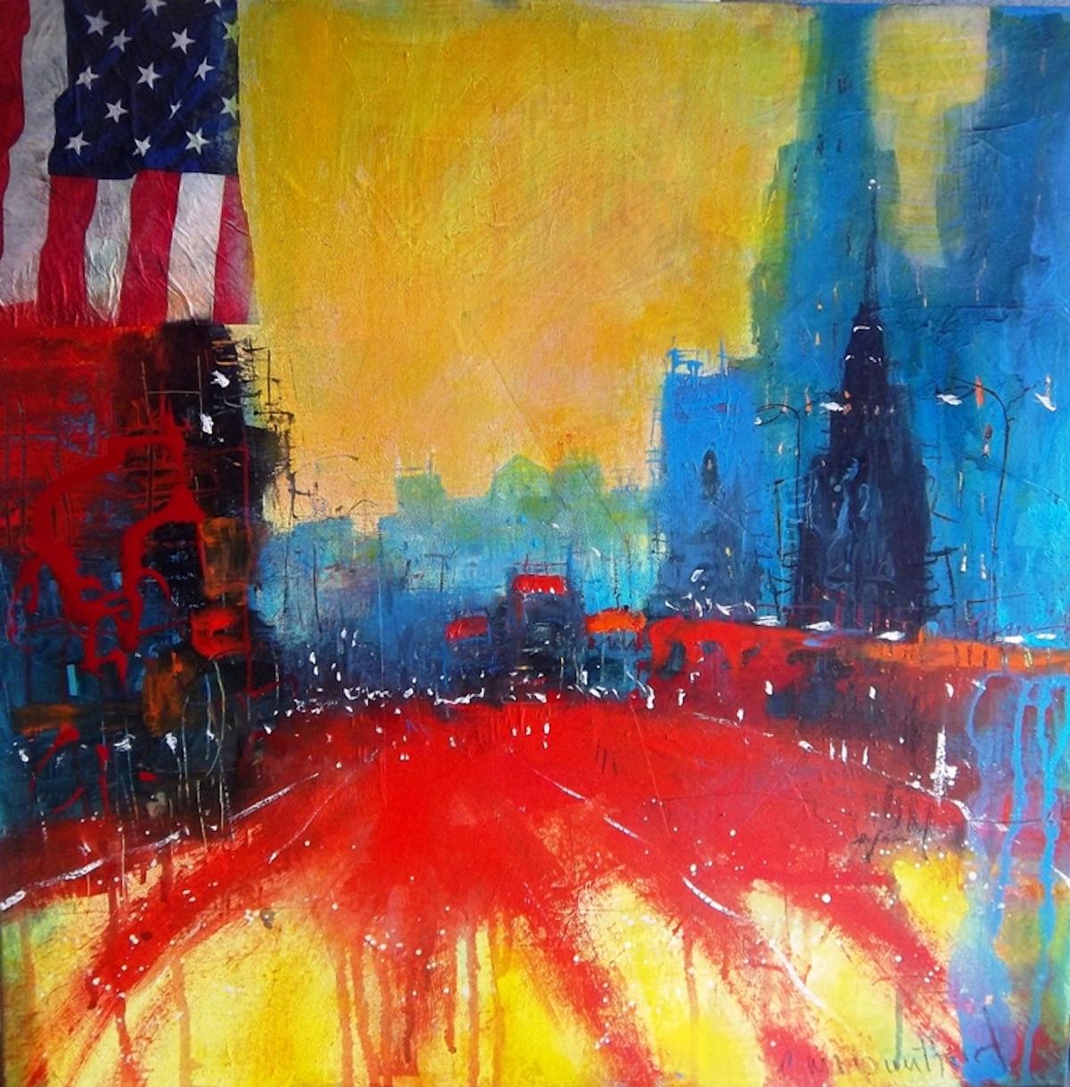 Carol Mountford New York Night [2022]
original and hand signed by the artist 
acrylic paint and collage on canvas
Image size: H:50 cm x W:50 cm
Complete Size of Unframed Work: H:50 cm x W:50 cm x D:5cm
Sold Unframed
Please note that insitu images